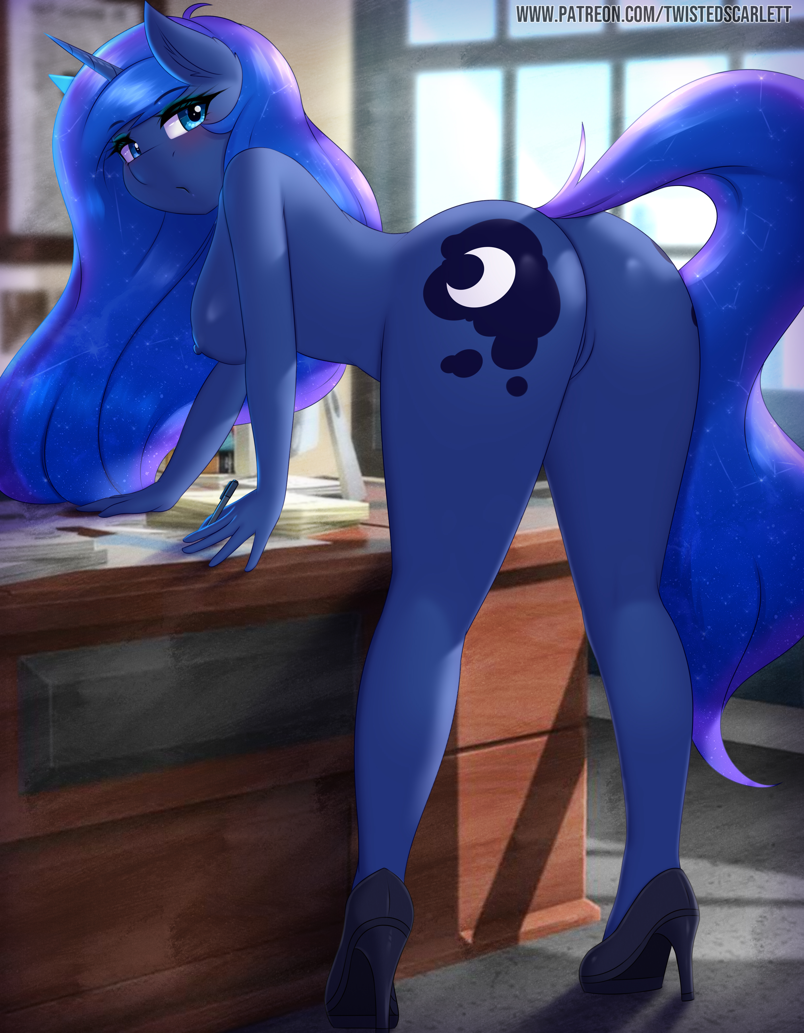 anthro, ass, blue body, blue eyes, blue fur, breasts, eyelashes, female, friendship is magic, furry, horn, long hair, my little pony, nipples, princess luna (mlp), pussy, tail, twistedscarlett60