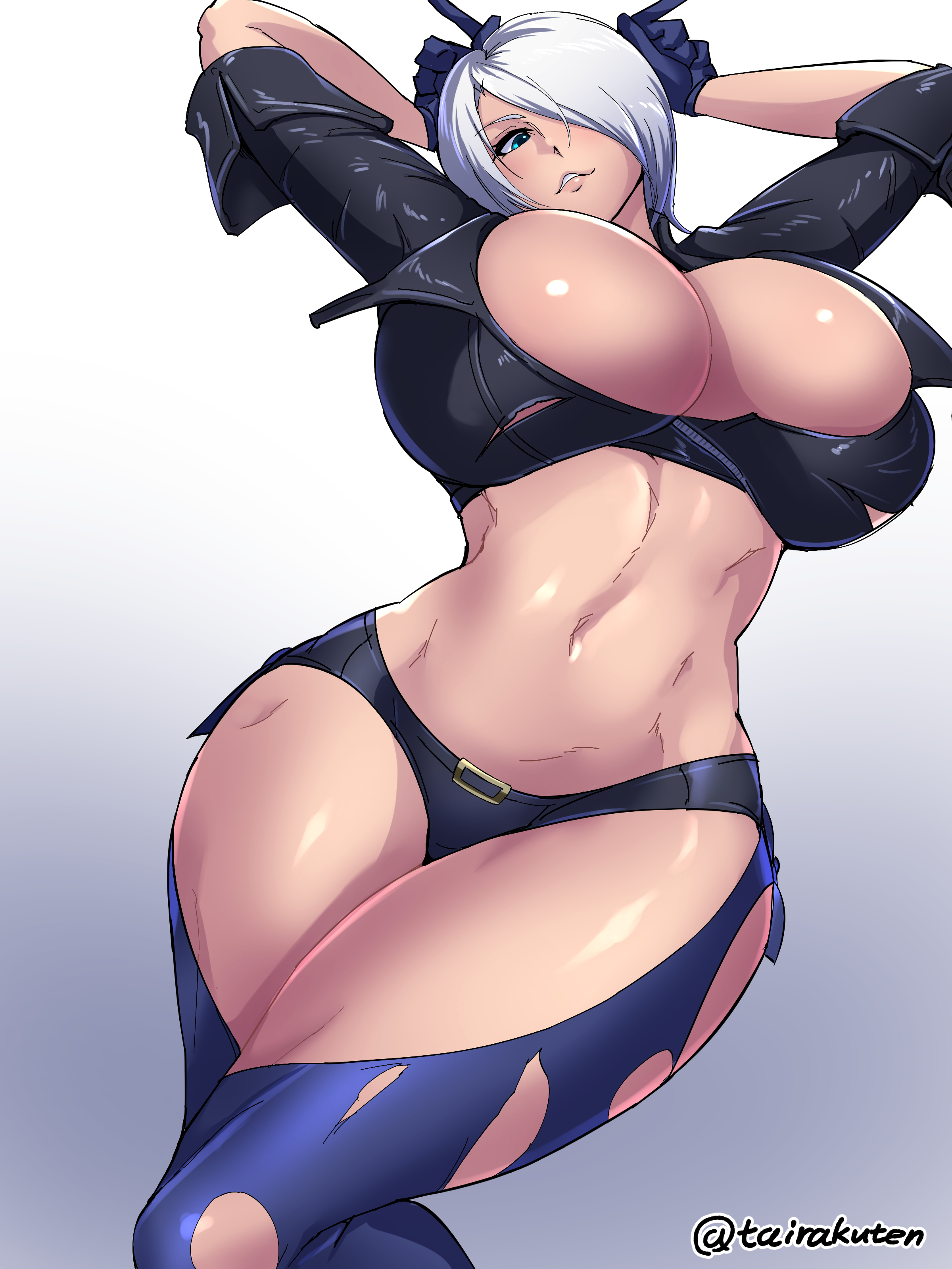 absurdres, angel (kof), belt, black gloves, blue eyes, breasts, commission, female, gloves, gradient, gradient background, grey background, highres, king of fighters, looking at viewer, looking down, navel, parted lips, shiva (tairakuten), short hair, silver hair, skeb commission, smile, solo, wide hips