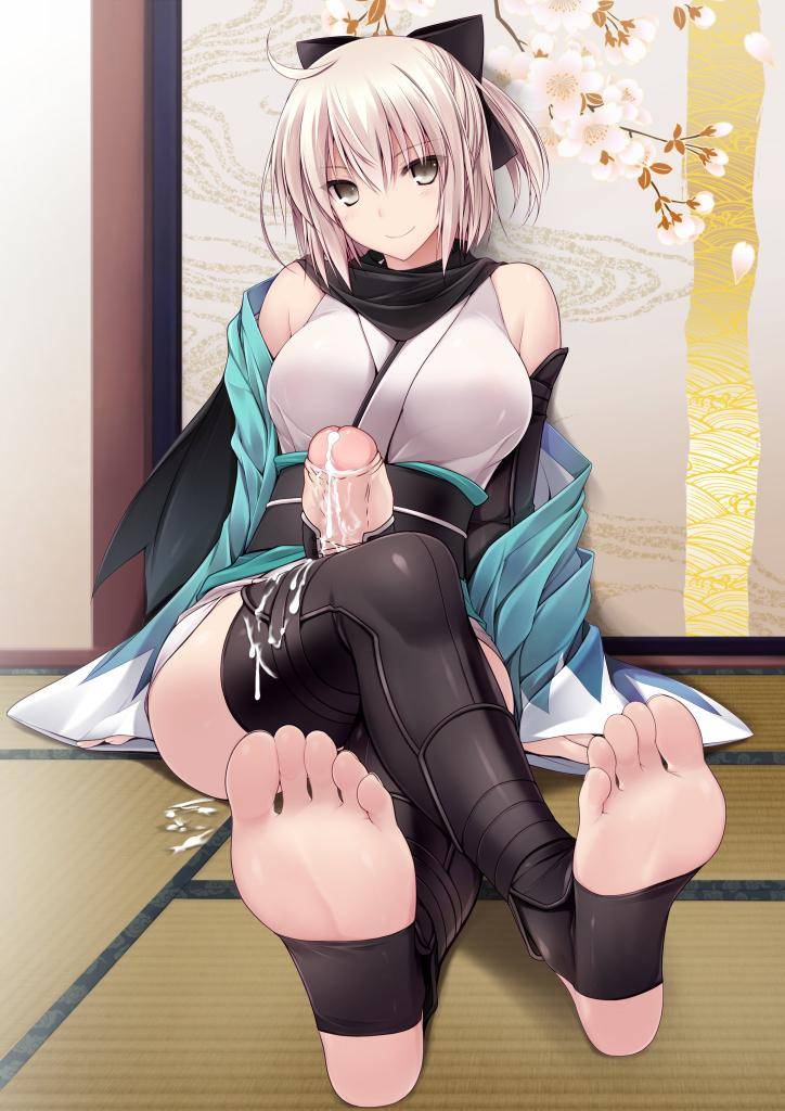 cum elzikyuchi feet futa_only futanari hung_futanari okita_souji_(fate)_(all) pale_skin soles stirrup_legwear white_hair