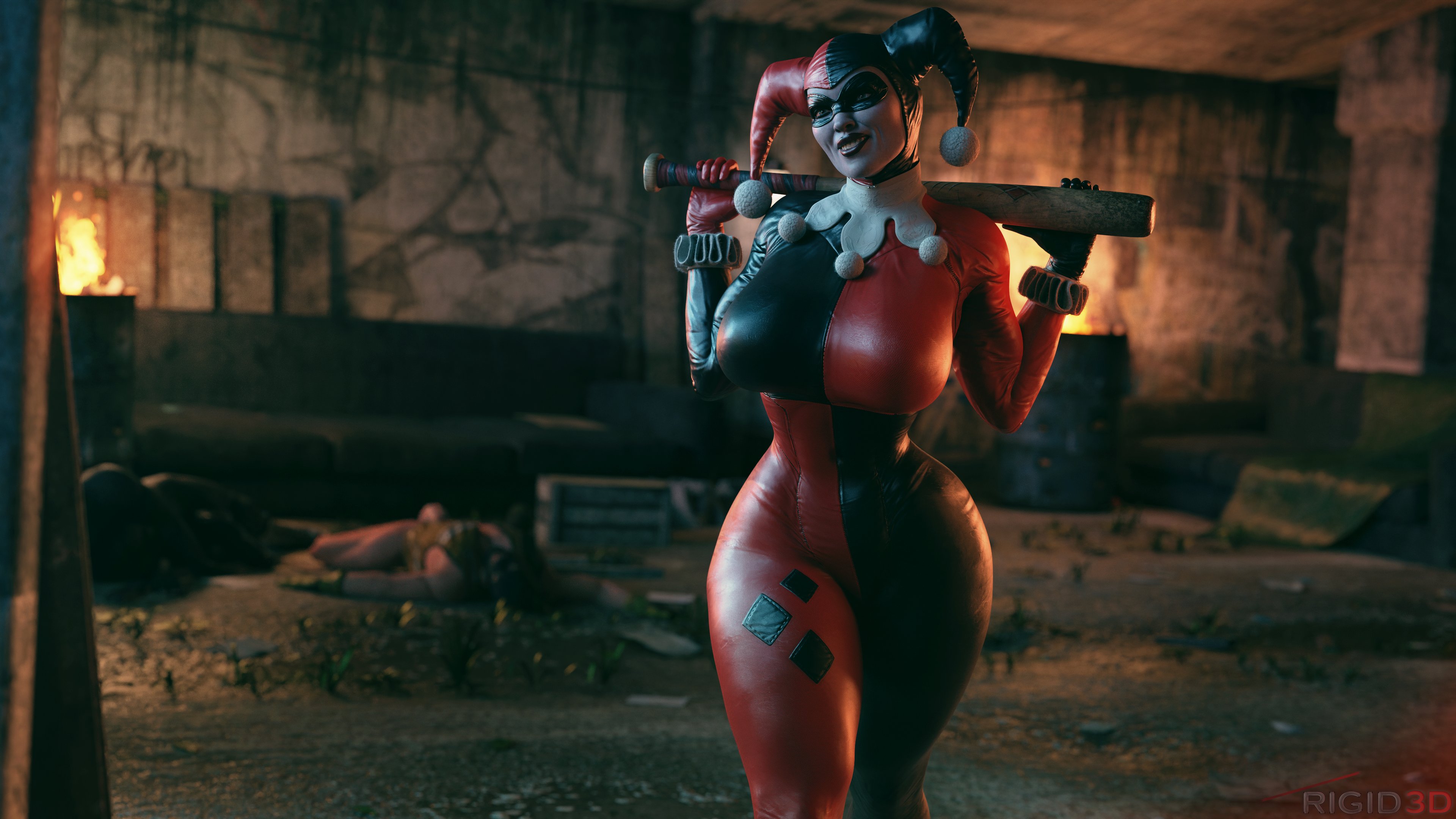 1girls, 3d, 4k, absurdres, after sex, batman (series), big breasts, bodysuit, breasts, busty, curvaceous, curvy, dc, dc comics, female, female focus, fully clothed, harley quinn, harley quinn (classic), harley quinn (injustice), highres, hourglass figure, huge breasts, injustice 2, large breasts, male, rigid3d, slim waist, solo, solo focus, thick, thick thighs, tiny waist, voluptuous, wide hips