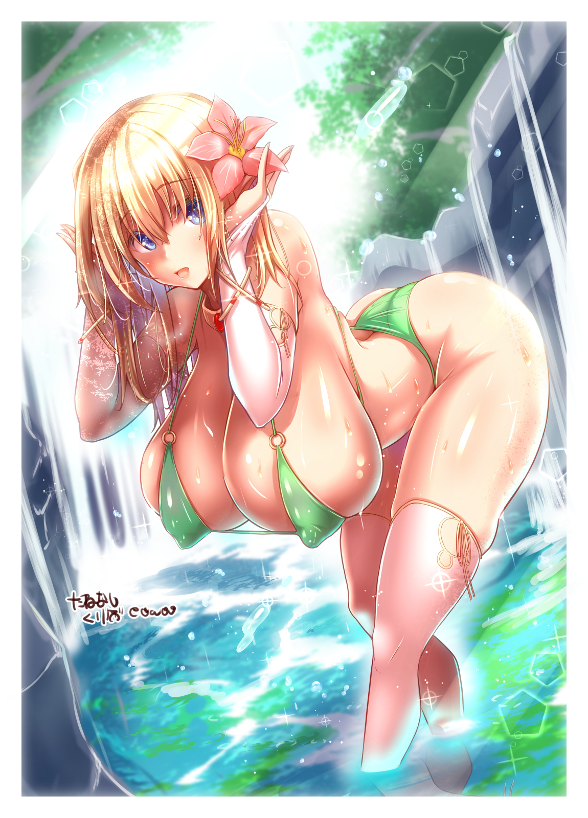 ass, big ass, big breasts, blonde hair, blue eyes, breasts, cleavage, elf, elf ears, elf female, female, glistening, glistening body, glistening skin, gloves, happy, huge breasts, large breasts, pointy ears, seductive, smile, thick, thick thighs, thighhighs, thin, thin waist, top heavy, voluptuous