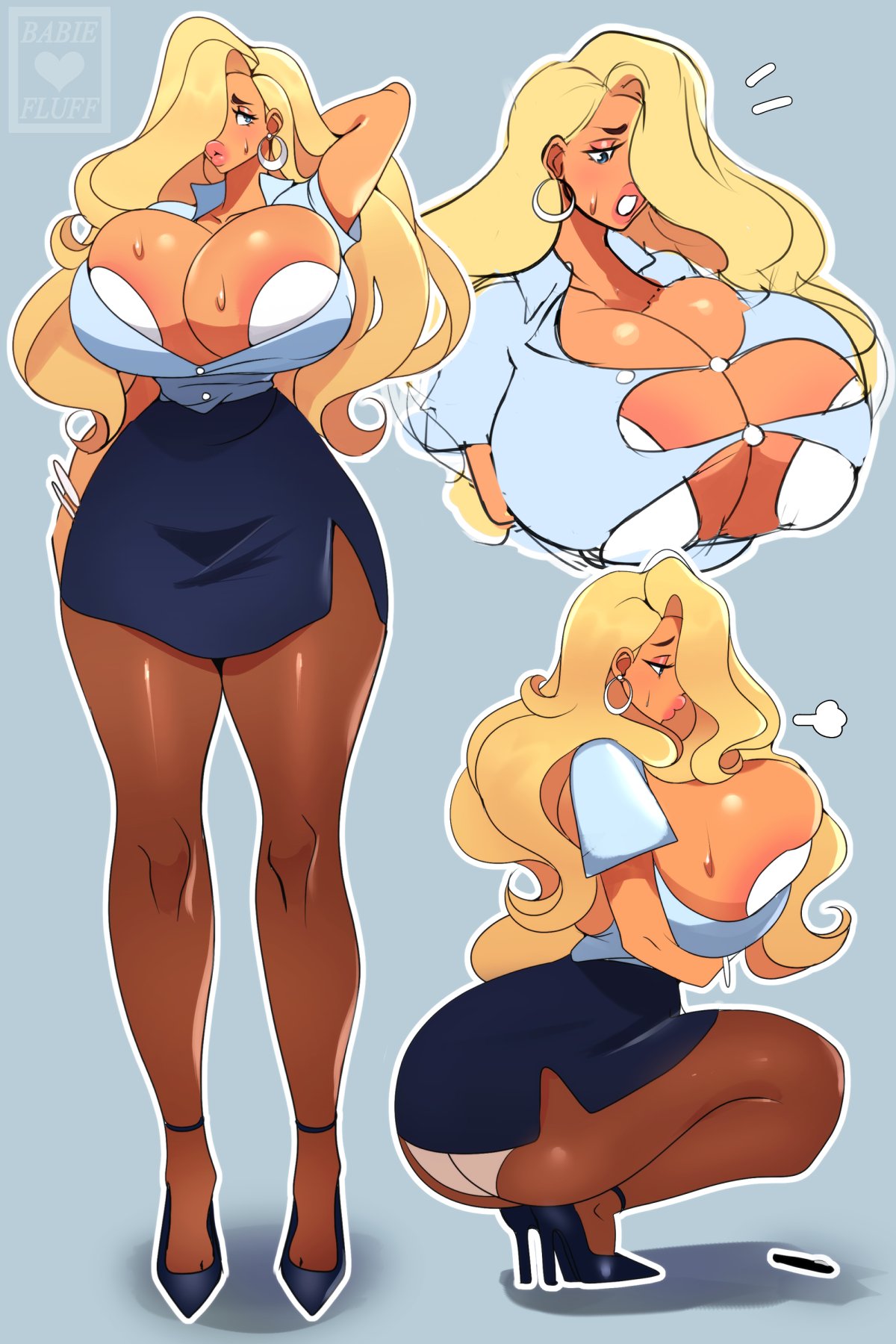 1girls areola areola_slip areolae areolae_slip babie_fluff big_breasts bimbo bimbo_body bimbo_lips blonde_hair blue_eyes blue_skirt bra_cups_sticking_out button_gap daphne_(babie_fluff) eyeshadow full_body hair_over_one_eye high_heels hoop_earrings huge_breasts lipstick makeup malfunction office_lady panties pantyhose secretary shirt skirt solo standing stockings thick_thighs wardrobe wardrobe_malfunction white_bra