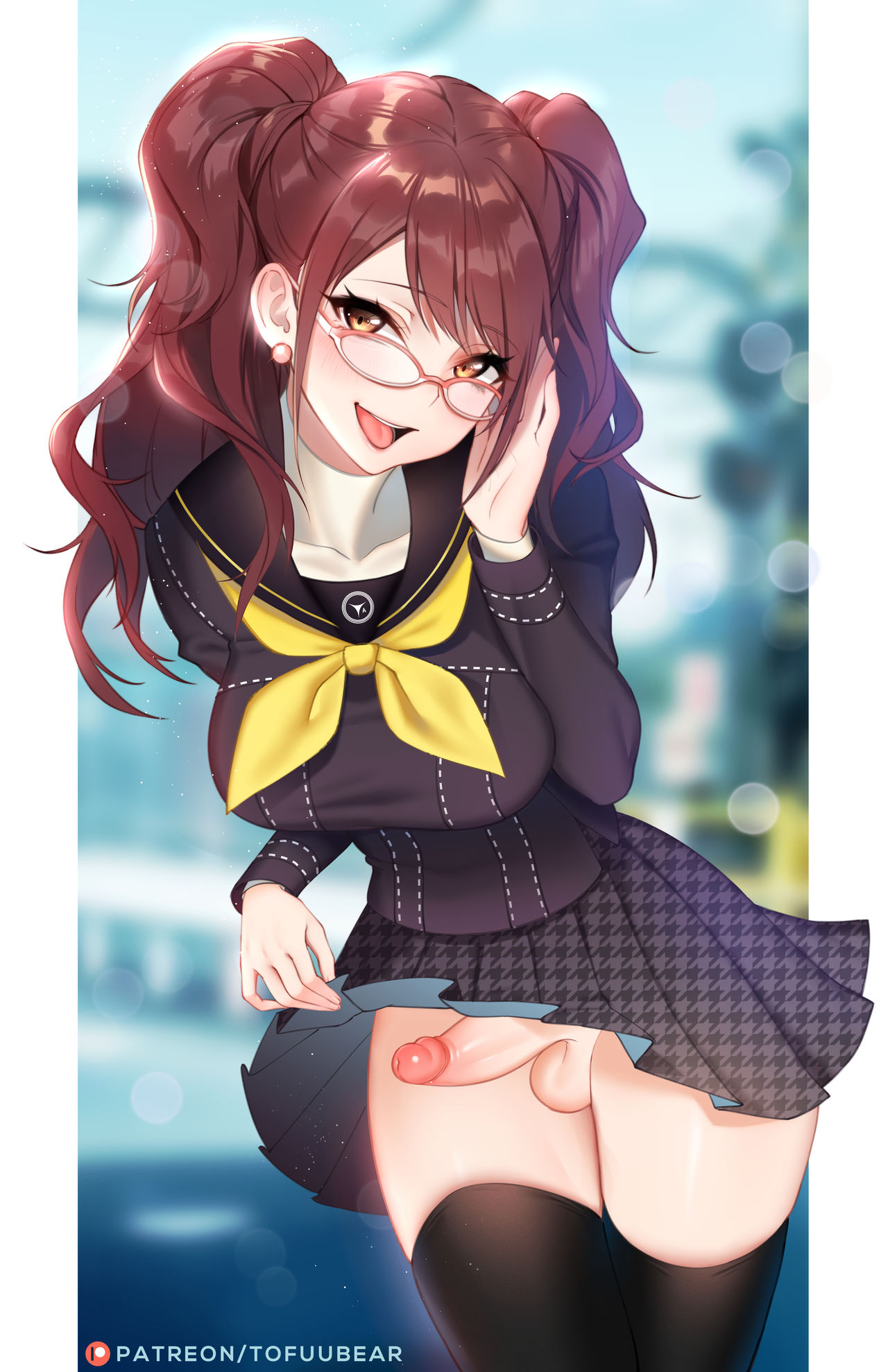 1futa, balls, black stockings, breasts, brown hair, clothed, clothing, ear piercing, female, full-package futa, futa only, futanari, glasses, horny, human, intersex, kujikawa rise, light skin, light-skinned female, looking at viewer, megami tensei, mostly clothed, open mouth, orange eyes, pale skin, pale-skinned female, penis, penis under skirt, persona, persona 4, school uniform, skirt, skirt lift, smile, solo, standing, stockings, thighhighs, tofuubear, tongue, twintails, upskirt