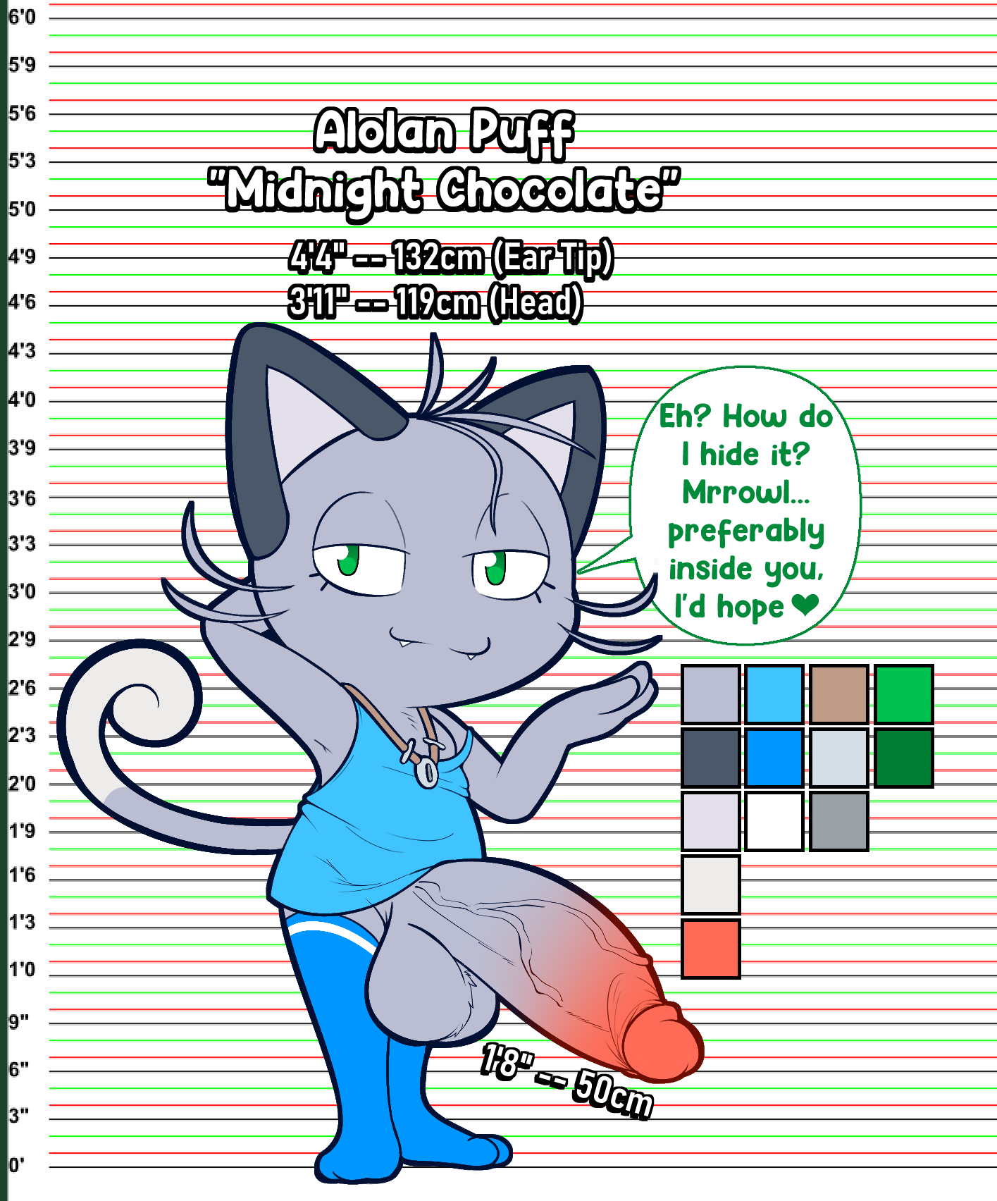 2021 alolan_meowth anthro balls big_balls big_penis black_body black_fur blue_clothing blue_footwear blue_shirt blue_socks blue_tank_top blue_topwear clothing dialogue dipstick_tail english_text erection fangs felid footwear front_view fur genitals glans green_eyes grey_balls grey_body grey_fur grey_hair grey_inner_ear grey_penis hair half-closed_eyes hand_behind_head heart hi_res huge_balls huge_cock humanoid_genitalia humanoid_penis jewelry legwear looking_at_viewer male mammal meowth model_sheet multicolored_tail narrowed_eyes necklace nintendo penis pokémon_(species) pokemon propositioning raised_arms red_glans red_penis regional_form_(pokémon) shirt smile socks softestpuffss solo speech_bubble talking_to_viewer tank_top text thigh_highs thigh_socks topwear vein veiny_penis video_games white_body white_clothing white_footwear white_fur white_socks