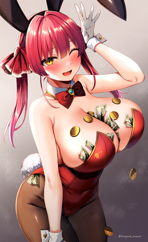 big breasts, breasts, bunnysuit, coins, female, gloves, hololive, houshou marine, huge breasts, large breasts, marota (imyme maro), massive breasts, money, object between breasts, pantyhose, red hair, thick, top heavy, virtual youtuber, voluptuous, yellow eyes