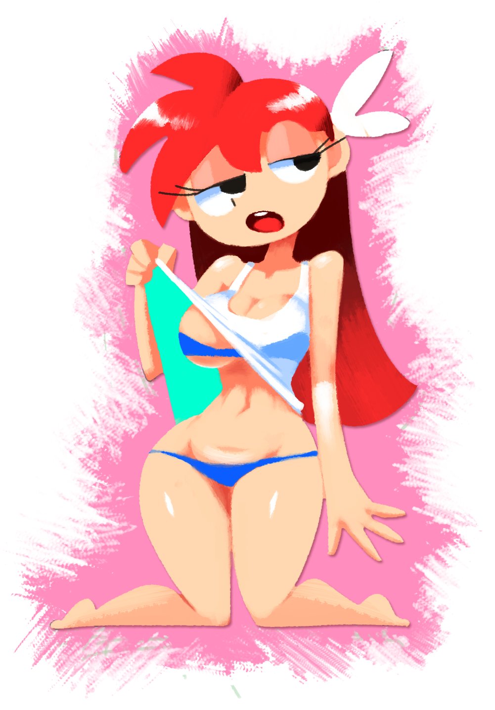 1girls, 2020, aura, bare arms, bare shoulders, bikini, black eyes, blue bikini, breasts, cleavage, clothing, doodle gf, feet, female, female only, full body, hair ornament, half-closed eyes, highres, kneeling, long hair, looking away, medium breasts, minus8, navel, open mouth, original, red hair, see-through, see-through clothing, shirt, shirt lift, simple background, solo, swimsuit, tank top, teeth, thick thighs, thighs, tongue, underboob, white background, wide hips