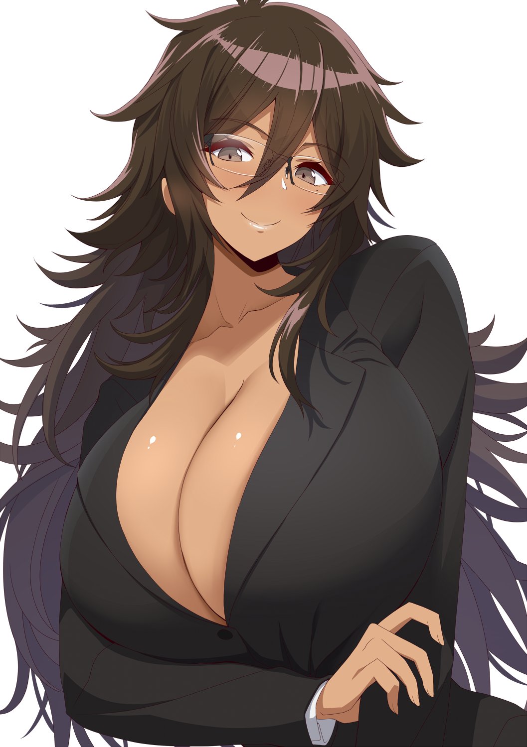 big_breasts breasts brown_hair cleavage cute dark-skinned_female dark_skin glasses grabbing_own_arm huge_breasts kloah long_hair looking_at_viewer mole mole_under_eye office_lady oppai original shiny_breasts smile smiling_at_viewer suit white_background