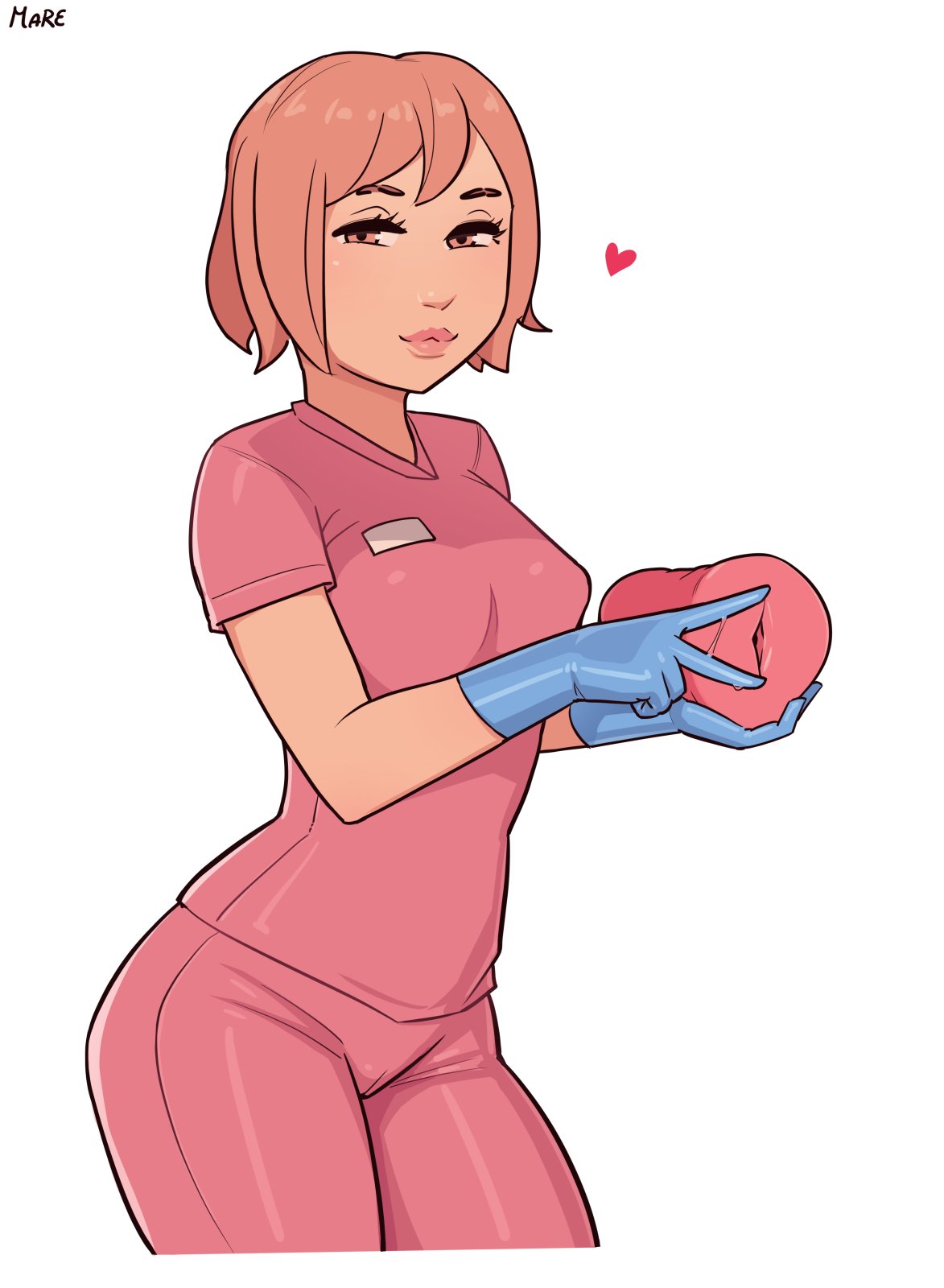 1girls :3 artificial_vagina breasts cameltoe female female_only fleshlight gloves heart light-skinned_female looking_at_viewer lube mare_ten medical_gloves nurse onahole pink_clothing redhead sex_toy short_hair solo surgical_gloves uniform