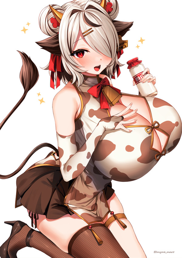 big breasts, blush, breasts, cleavage, cow ears, cow girl, cow horns, cow print, cute, enormous breasts, female, gigantic breasts, hair over one eye, huge breasts, large breasts, marota (imyme maro), massive breasts, milk, milk bottle, one eye covered, original, original character, top heavy, voluptuous, wholesome