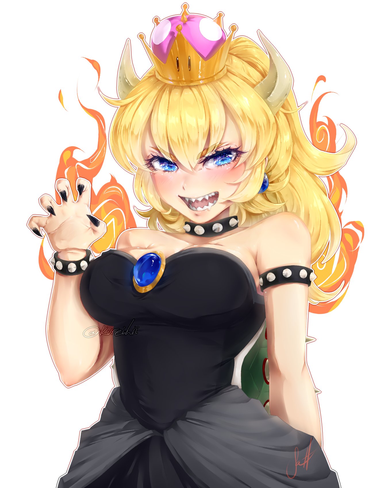 1girls, 2d, armband, artist signature, blonde hair, blue eyes, blush, bowsette, bracelet, breasts, busty, clothed, collar, crown, dress, earrings, eyebrows visible through hair, eyelashes, female, fire, hi res, horn, horns, kureihii, light skin, light-skinned female, mario (series), nail polish, new super mario bros. u deluxe, nintendo, open mouth, open smile, pale skin, pale-skinned female, sharp fingernails, sharp teeth, simple background, smile, solo, spiked armlet, spiked bracelet, spiked collar, super crown, watermark