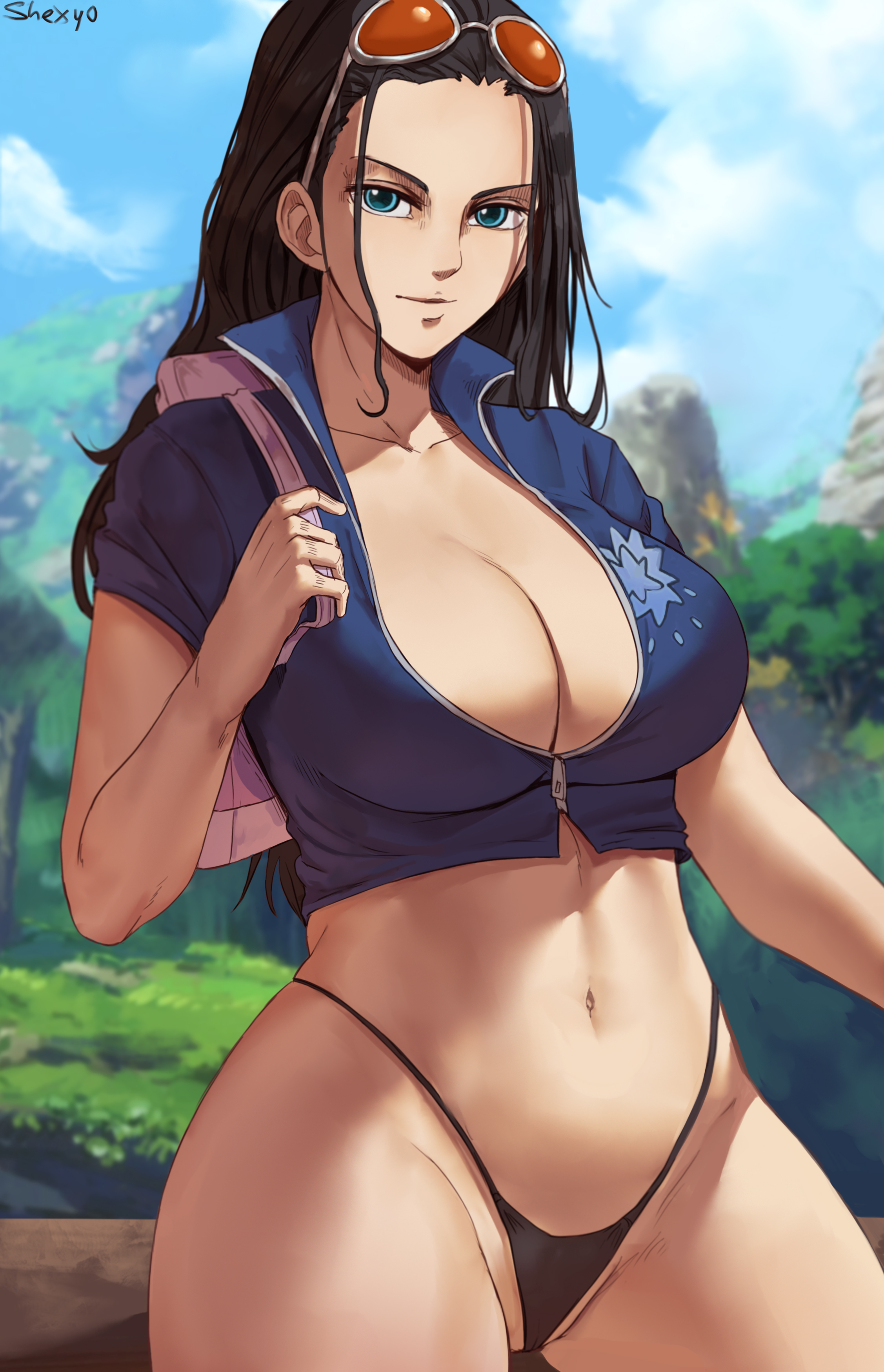 1girls, bare thighs, big breasts, black hair, black-haired female, bottomless, breasts, eyewear on head, female, female focus, female only, from behind position, high resolution, highleg panties, highres, large breasts, nico robin, no pants, one piece, panties, shexyo, shounen jump, solo, solo female, solo focus, string panties, sunglasses on head, thong
