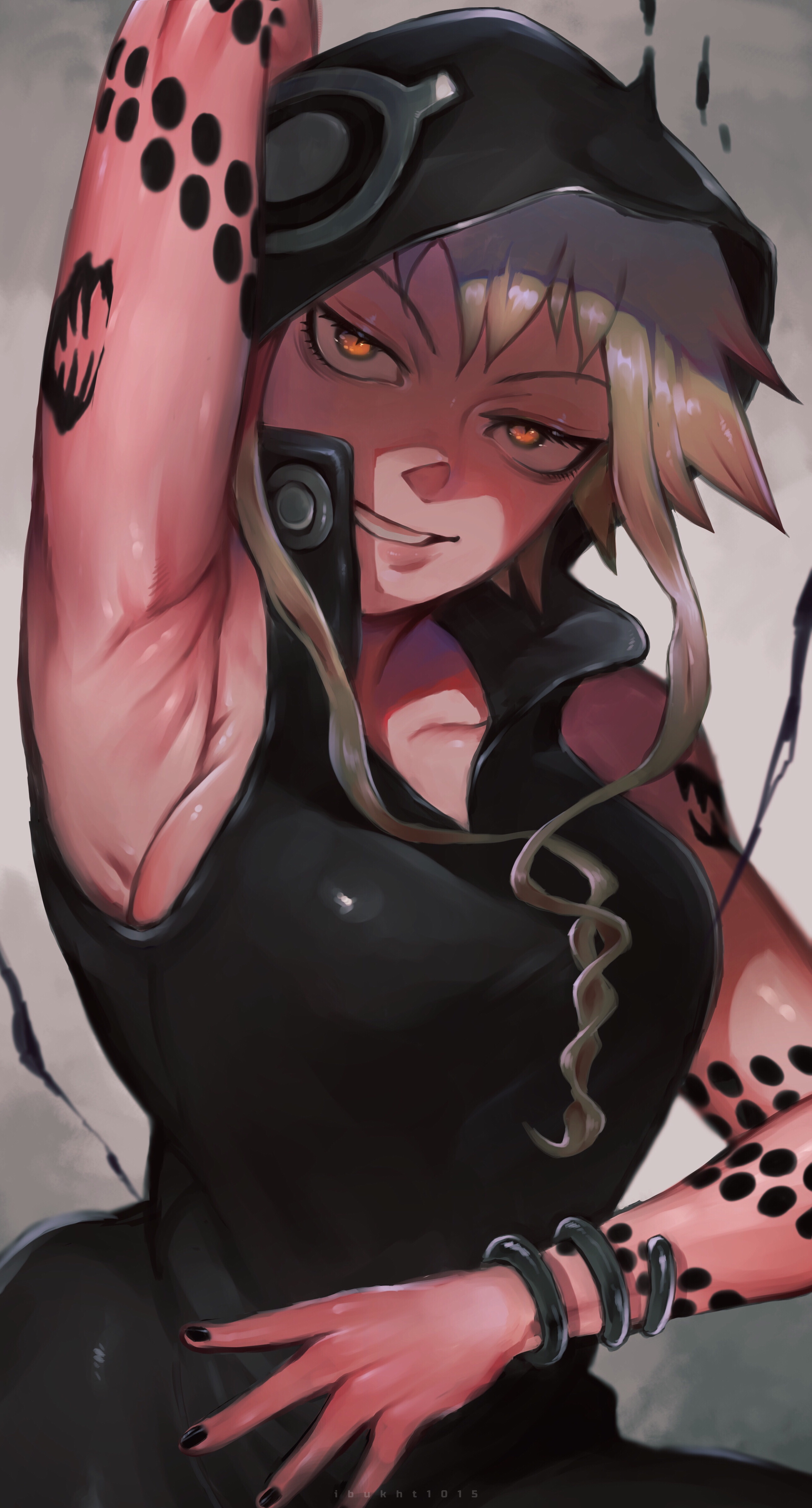 1girls, arm behind head, arm up, armpits, black nail polish, blonde hair, bodysuit, bracelet, breasts, cleavage, female, female only, hood, hoodie, ibuo, medusa gorgon, nail polish, short hair, sideboob, smile, solo, soul eater, tattoo, yellow eyes