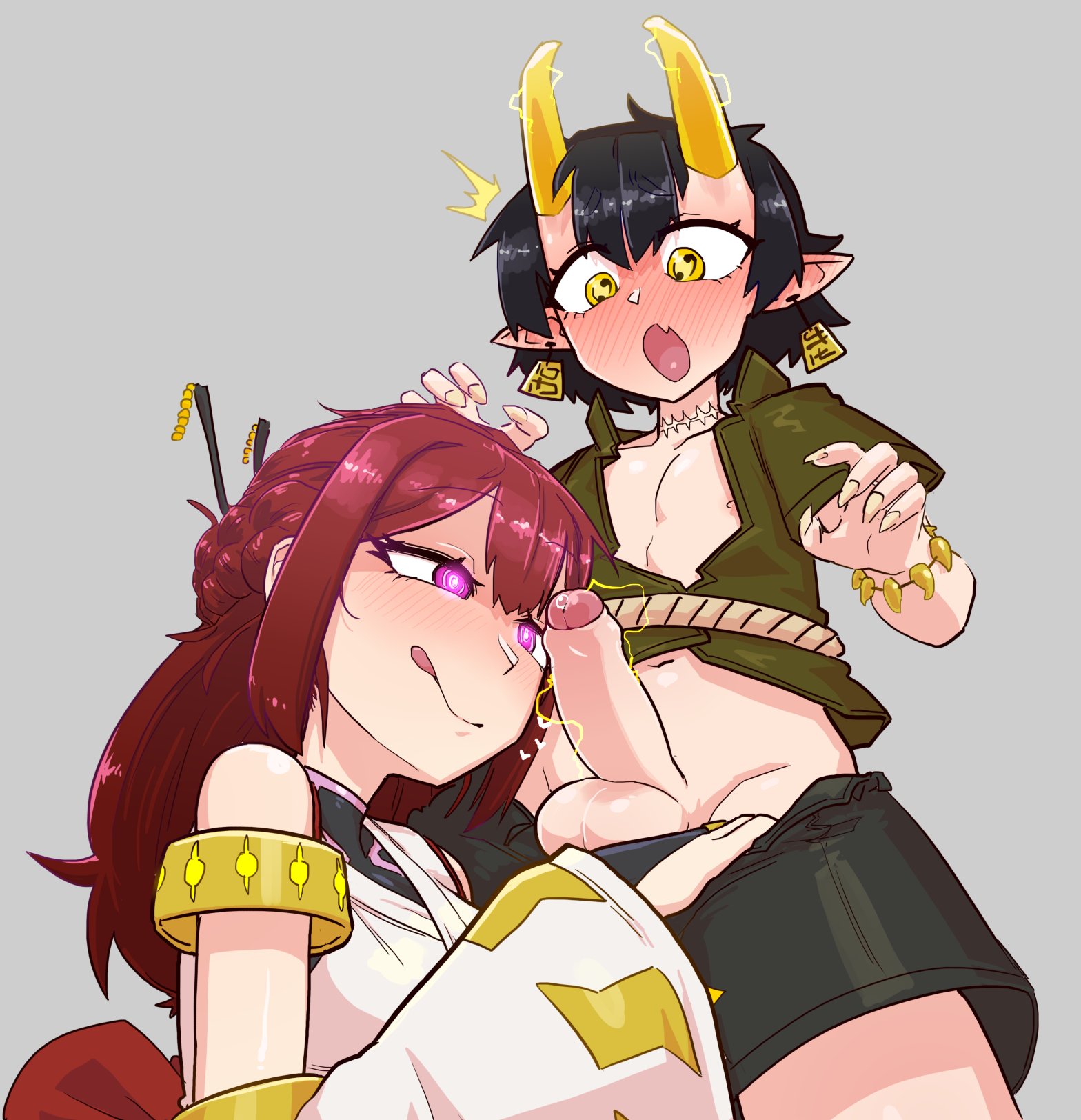 1boy, 1girls, balls, black hair, blush, clothed, clothing, duo, electricity, erection, female, femboy, femboy on female, foreskin, glowing eyes, half-closed eyes, horns, humanoid, humanoid penis, japanese mythology, licking lips, long ears, long hair, low-angle view, male, male/female, mostly clothed, mythology, open mouth, pale skin, pants down, penis, pink eyes, pointy ears, precum, red hair, small penis, small penis adoration, standing, surprised, thetenk, tongue, tongue out, uncircumcised, uncut, unusual anatomy, unusual eyes, unusual pupils, yellow eyes
