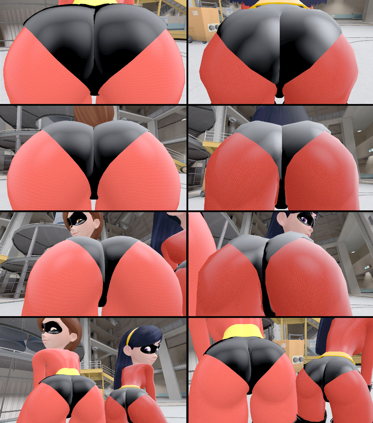 2girls, 3d, ass, breasts, brown hair, clothed, clothing, costume, daughter, digital media (artwork), disney, elastigirl, female, female only, fully clothed, helen parr, hips, human, lower body, mature, mature female, milf, mother, mother and daughter, pixar, short hair, skulltronprime969, smooth skin, standing, superhero, superheroine, the incredibles, violet parr, voluptuous, watermark, wide hips