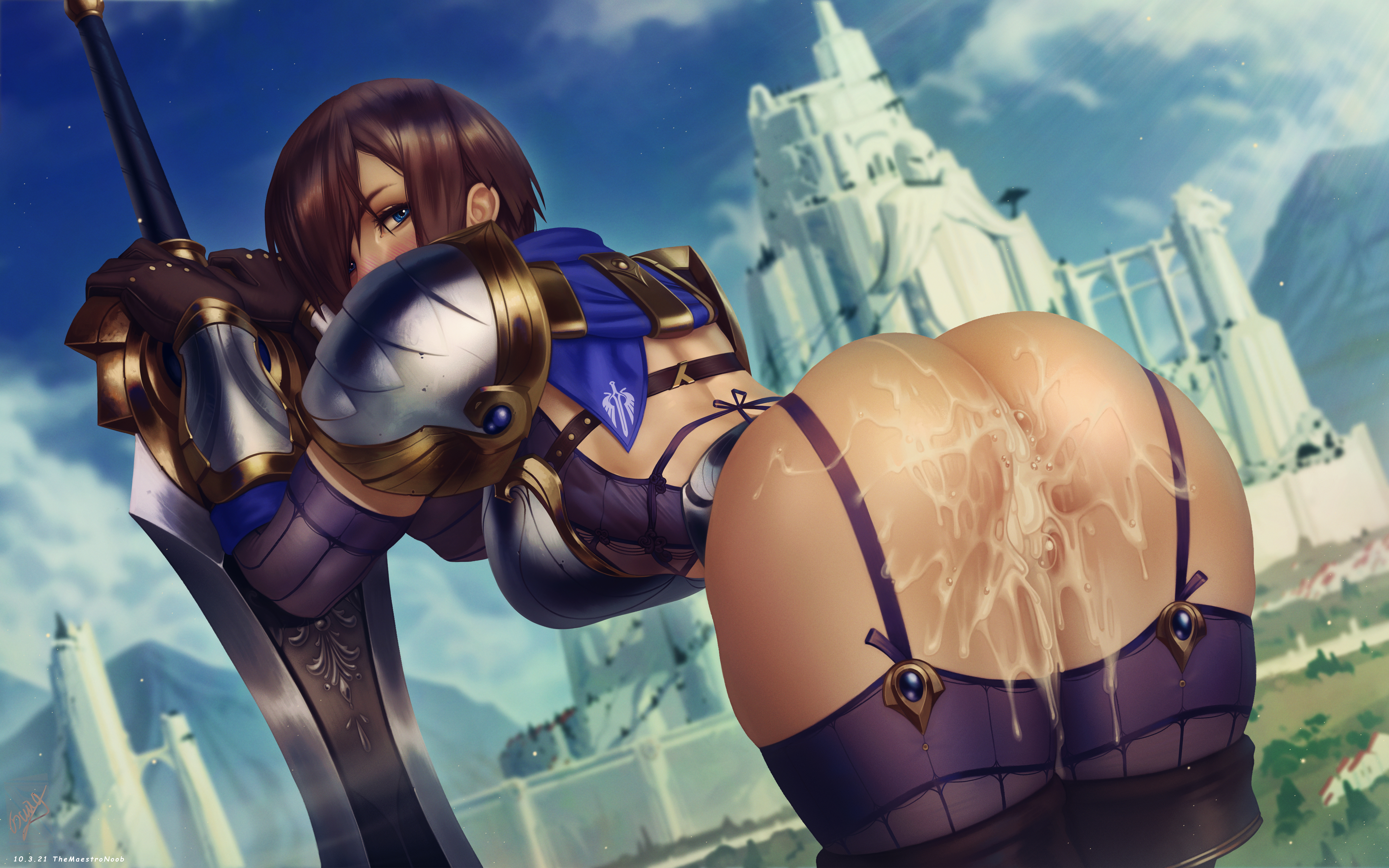 armor, ass, big ass, big breasts, big butt, big sword, blue eyes, blush, breastplate, breasts, brown hair, cum, cum drip, cum dripping, cum in pussy, cum inside, cum on ass, female, functionally nude, functionally nude female, garen crownguard, garter straps, genderswap, genderswap (mtf), hi res, highres, league of legends, light skin, light-skinned female, lingerie, looking back, looking over shoulder, pauldrons, pussy, riot games, rule 63, short hair, skindentation, sword, themaestronoob, thick thighs, thighhighs, vagina, vambraces
