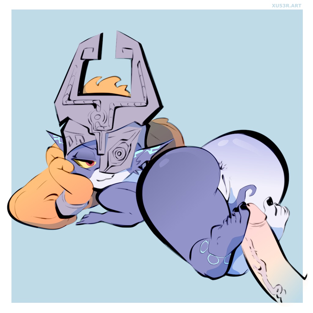 1girls, anus, ass, barefoot, big ass, black body, blue background, feet, female, foot fetish, footjob, half-closed eyes, hand on face, helmet, imp midna, looking back, male, midna, multicolored body, nintendo, nude, orange hair, penis, pointy ears, pussy, red eyes, simple background, the legend of zelda, thick thighs, thighs, twilight princess, veiny penis, white body, xu53r, yellow sclera