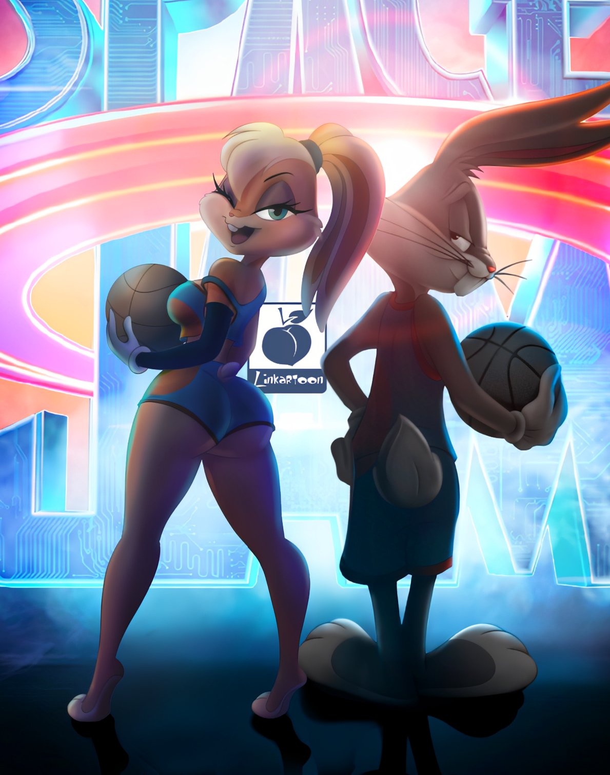 1boy, 1girls, alternate version available, anthro, artist name, ass, back, back view, blonde hair, blue eyes, breasts, bugs bunny, bunny boy, bunny ears, bunny tail, female, fur, furry, grey fur, humanoid, linkartoon, lola bunny, long ears, looney tunes, male, ponytail, rabbit, rabbit boy, rabbit girl, rabbit humanoid, redesign, space jam, space jam: a new legacy, warner brothers, watermark
