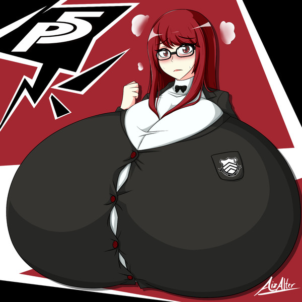 aizalter, blush, breasts, busty, cute, female, flustered, glasses, highschool, hyper, hyper breasts, kasumi yoshizawa, looking at viewer, persona, persona 5, red eyes, red hair, school, school uniform, schoolgirl, sumire yoshizawa, teenager, tight, tight clothes, tight clothing, tight fit, top heavy