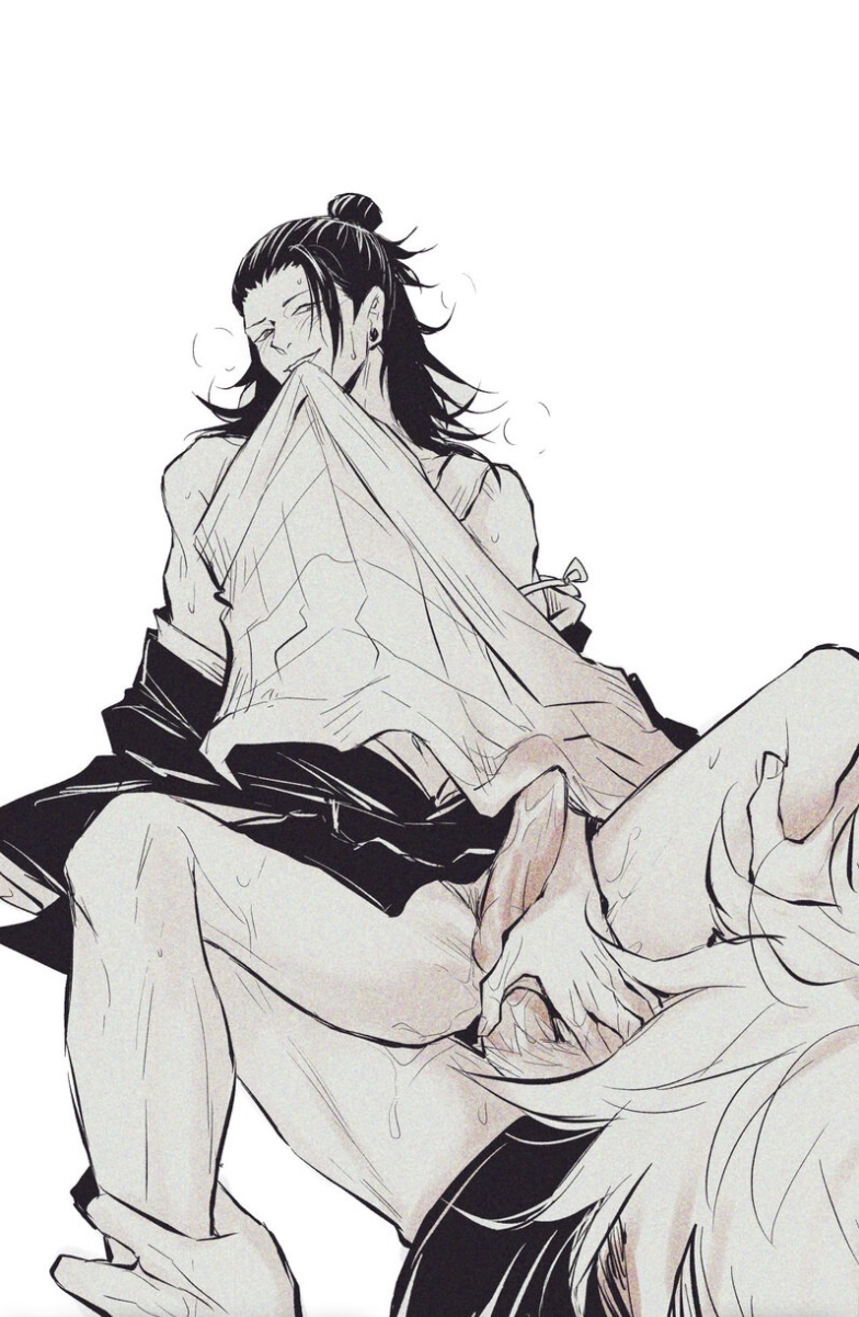 2boys, anal, anal sex, artist request, bare legs, bare thighs, biting shirt, bodily fluids, clothing, genital fluids, genitals, jujutsu kaisen, male, male penetrated, male penetrating, male penetrating male, male/male, satoru gojo, source request, suguru geto, yaoi