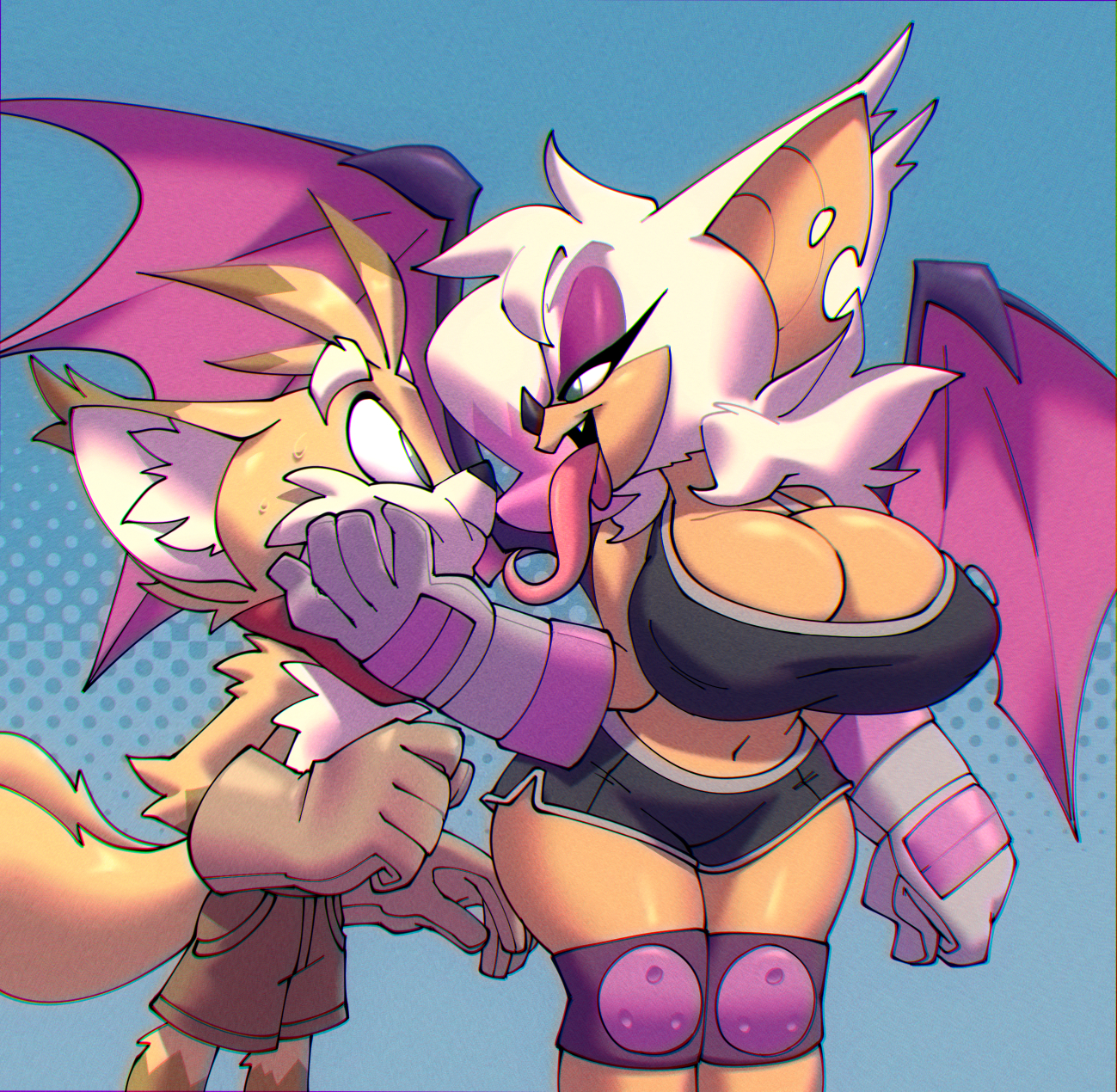 2 tails, 2021, alternate costume, anthro, bat, bedroom eyes, big breasts, bigdad, bodily fluids, bottomwear, breasts, canid, canine, chiropteran, cleavage, clothed, clothing, duo, face squish, female, fox, fur, furry, furry only, gloves, hair, hair over eye, hand on face, handwear, hi res, hotpants, knee pads, long tongue, male, male/female, mammal, midriff, miles prower, multi tail, narrowed eyes, one eye obstructed, rouge the bat, seductive, sega, shorts, sonic (series), squish, sweat, tail, tails, tails the fox, tongue, wings