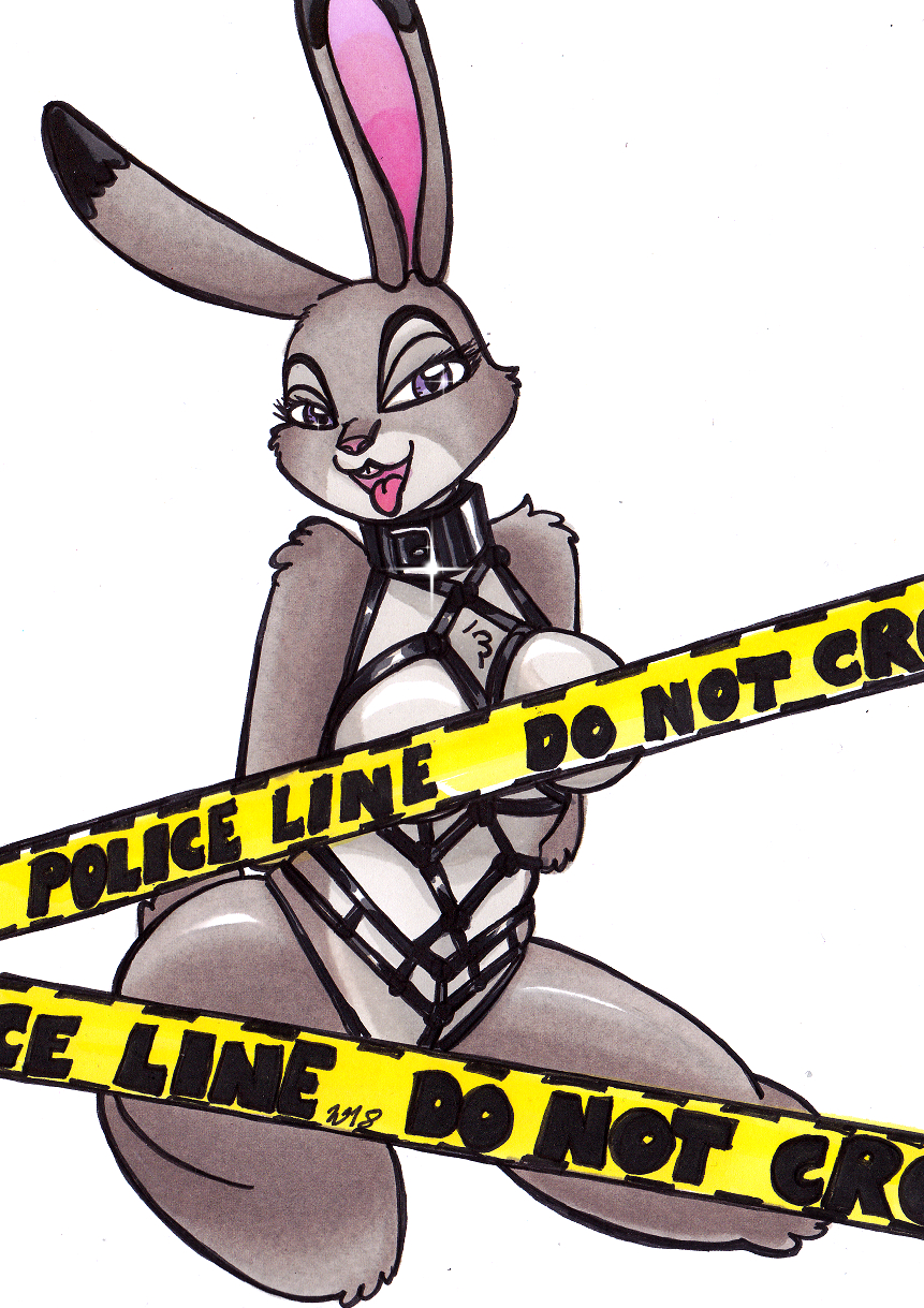 anthro bedroom_eyes bondage_gear collar convenient_censorship disney female hi_res imaranx judy_hopps kneeling lagomorph large_breasts leporid looking_at_viewer mammal narrowed_eyes police_tape rabbit seductive solo tongue tongue_out zootopia zootropolis