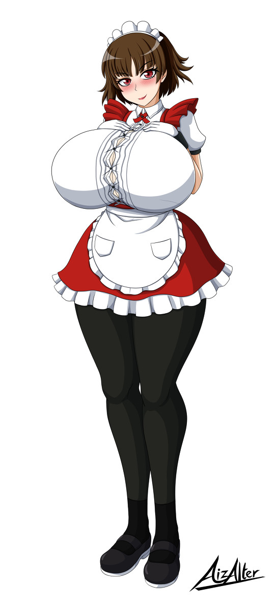 aizalter, blush, breast hold, breasts, brown hair, busty, curvy, female, gloves, happy, huge breasts, lipstick, looking at viewer, maid, maid headdress, maid uniform, makoto niijima, persona, persona 5, red eyes, school uniform, schoolgirl, short hair, smile, thick, thick thighs, tight, tight clothing, tight fit, top heavy, voluptuous, wholesome