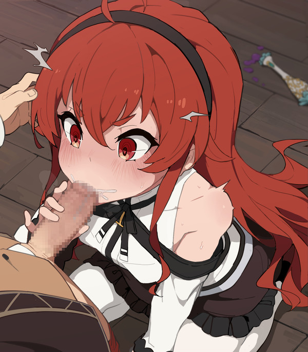 1boy, 1girls, aphrodisiac, black skirt, blowjob, blush, bodily fluids, censored, clothed, clothed female, clothed sex, clothes, clothing, cum, cum in mouth, cum inside, duo, eris greyrat, fellatio, female, fully clothed, fully clothed female, headband, headwear, kageoji (kakure), kakure eria, kneeling, long hair, male, mushoku tensei, open eyes, open mouth, oral, penis, red eyes, red hair, rudeus greyrat, sex, shirt, skirt, socks, spread legs, straight, surprised, teenager, teenager on teenager, thighhighs, white legwear, white socks
