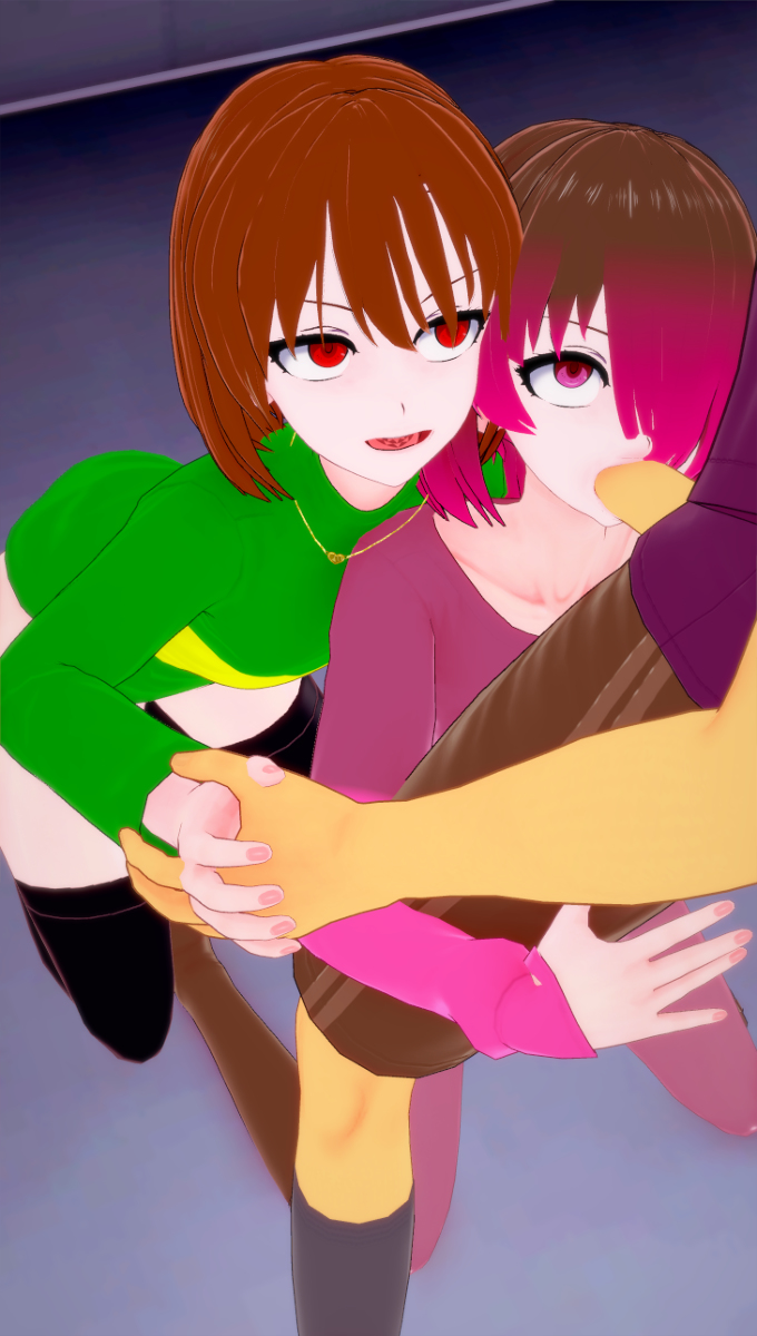 1boy, 2girls, 3d, artist request, bete noire, big penis, brown hair, chara, demon, demon girl, fellatio, female, female chara, frisk, glitchtale, handholding, koikatsu, looking at partner, male, male frisk, necklace, oral, pale skin, penis, purple eyes, red eyes, straight, tagme, undertale, undertale (series), undertale fanfiction, video games