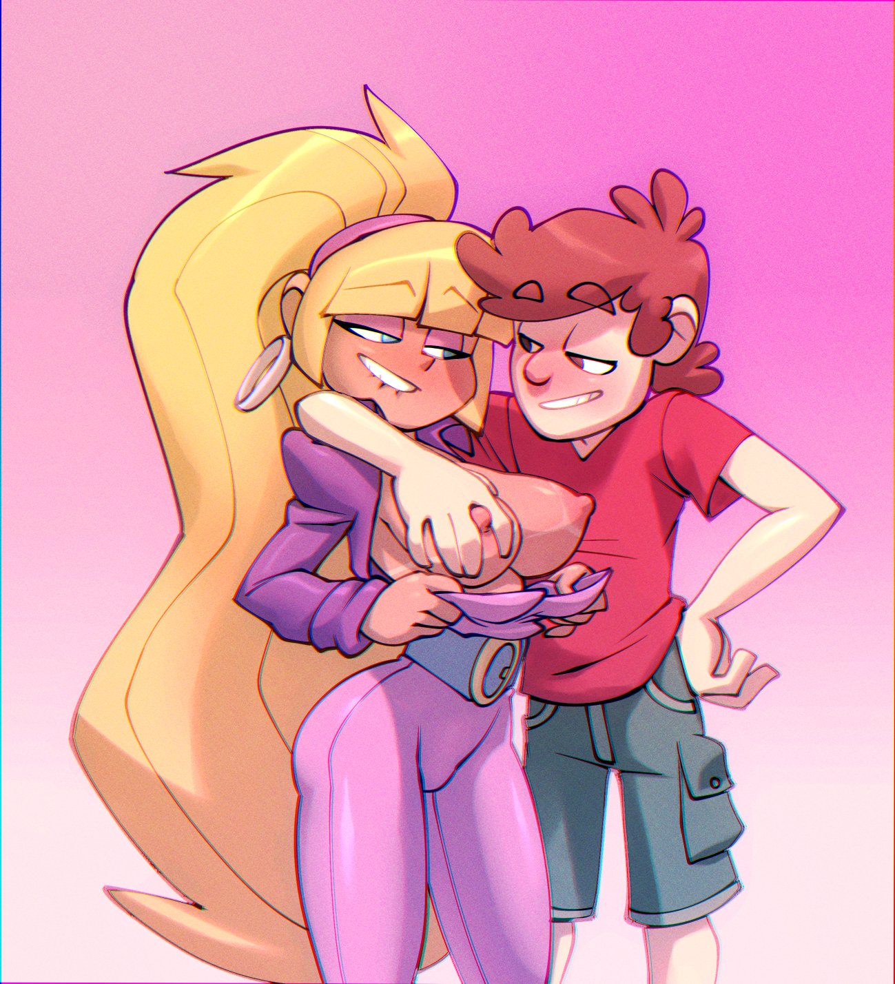 1boy, 1girls, aged up, areolae, bigdad, biting lip, blonde hair, blue eyes, bodysuit, breast fondling, breast grab, breasts, breasts out, brown eyes, brown hair, couple, dipper pines, disney, disney channel, disney xd, earrings, eye contact, eyeshadow, fanon couple, female, gravity falls, hoop earrings, human, long hair, looking at another, male, nipples, pacifica northwest, smile, smooth skin, straight, tanline, tied hair, waist belt
