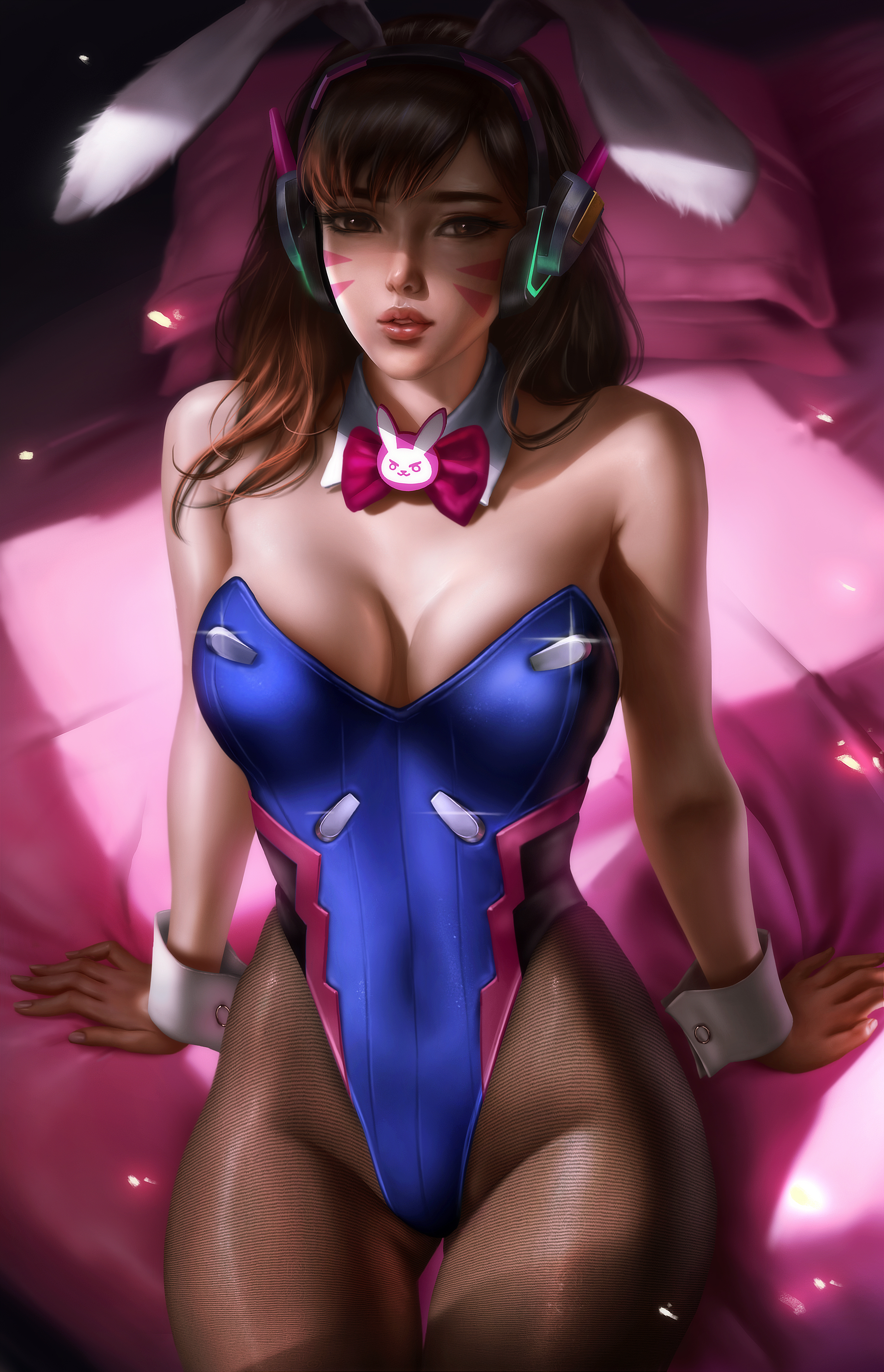1girls, animal ears, bangs, bare shoulders, bed, big breasts, blizzard entertainment, bow, bowtie, breasts, brown eyes, brown hair, bunny ears, bunny girl, bunnysuit, cleavage, clothed, clothing, collar, corset, cuffs, d.va, detached collar, detached cuffs, face paint, female, female focus, female only, hair ornament, headphones, headset, high resolution, logan cure, looking at viewer, medium breasts, overwatch, sitting, sitting on bed, solo, solo female, solo focus, stockings, thick thighs, thighs
