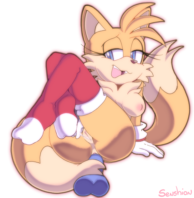 anthro, ass, breasts, canid, canine, dildo, dildo in ass, exposed torso, eyelashes, female, footwear, fox, handwear, mostly nude, open mouth, open smile, pussy, pussy juice, rule 63, sega, senshion, sex toy, smile, sonic (series), sonic the hedgehog (series), stockings, tail, tails, tails the fox, tailsko, tongue, white body, yellow body