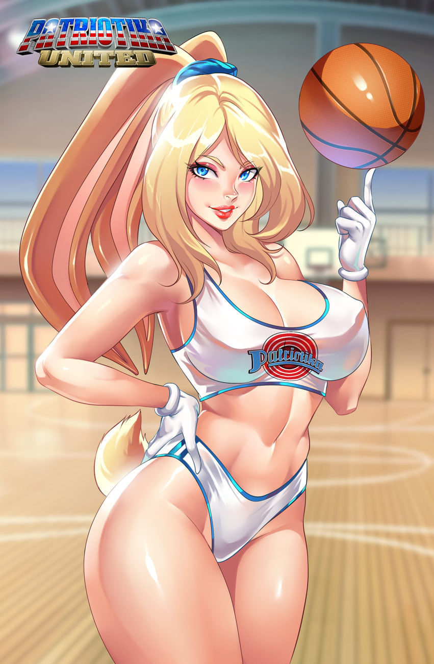 1girls animal_ears bare_shoulders basketball basketball_uniform big_breasts blonde_hair blue_eyes blurry_background blush breasts bunny_ears bunny_tail cleavage clenched_teeth commission cosplay crop_top crossover curvy english_text eyelashes eyeshadow female female_focus female_only gloves grin gym hand_on_hip hips human human_only humanized indoors large_breasts lenadai lips lola_bunny long_hair looking_at_viewer looney_tunes makeup navel parted_lips patriotika pink_lipstick revealing_clothes scrunchie shiny_skin short_shorts shorts sideboob skimpy sleeveless smile solo solo_female space_jam tail tank_top teeth text thick_lips thick_thighs thighs voluptuous warner_brothers watermark wide_hips