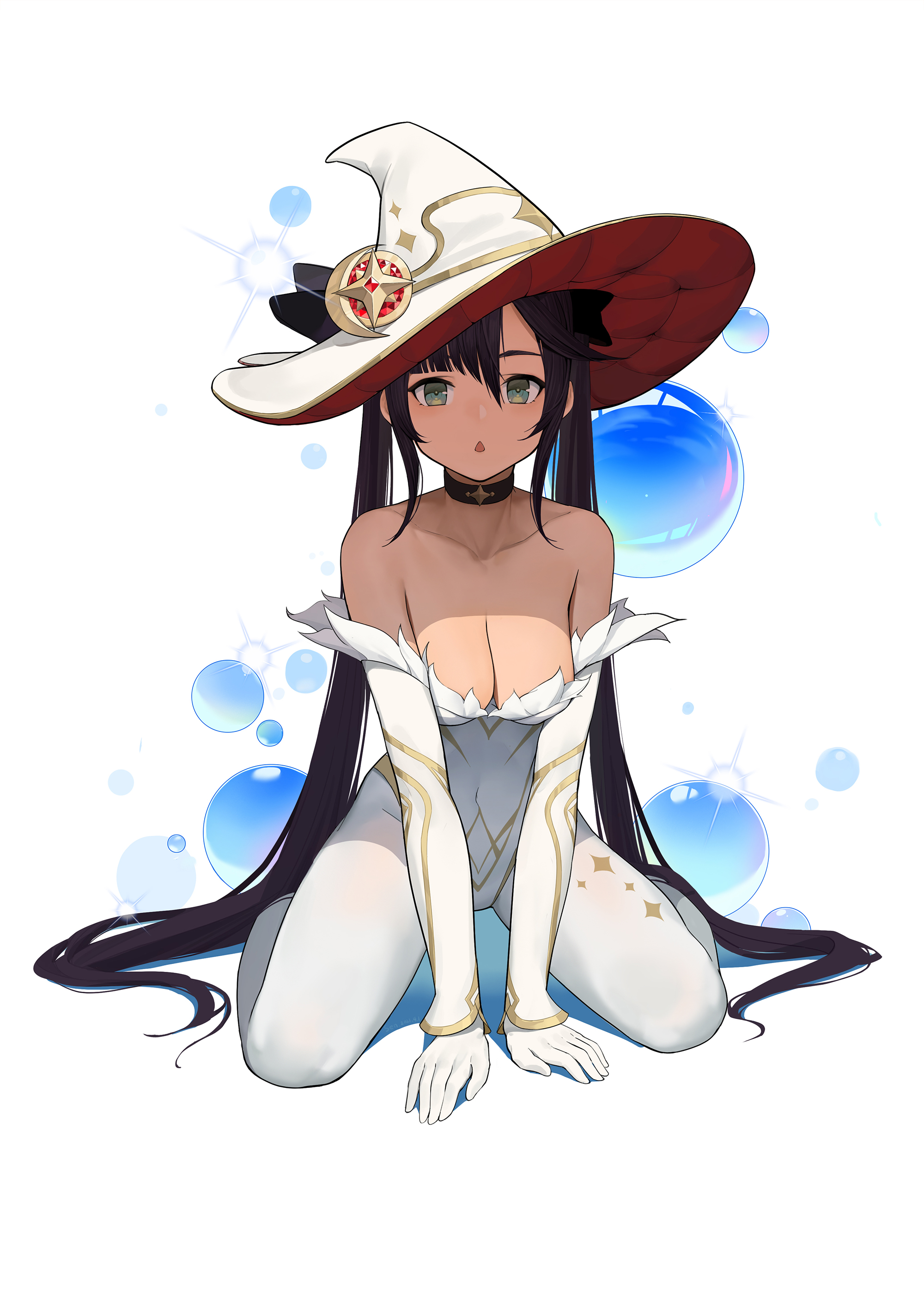 1girls, alternate costume, blue hair, choker, cleavage, female, female focus, female only, genshin impact, green eyes, mona (genshin impact), simple background, solo, solo female, solo focus, tagme, twintails, very long hair, white background, white hat, white outfit