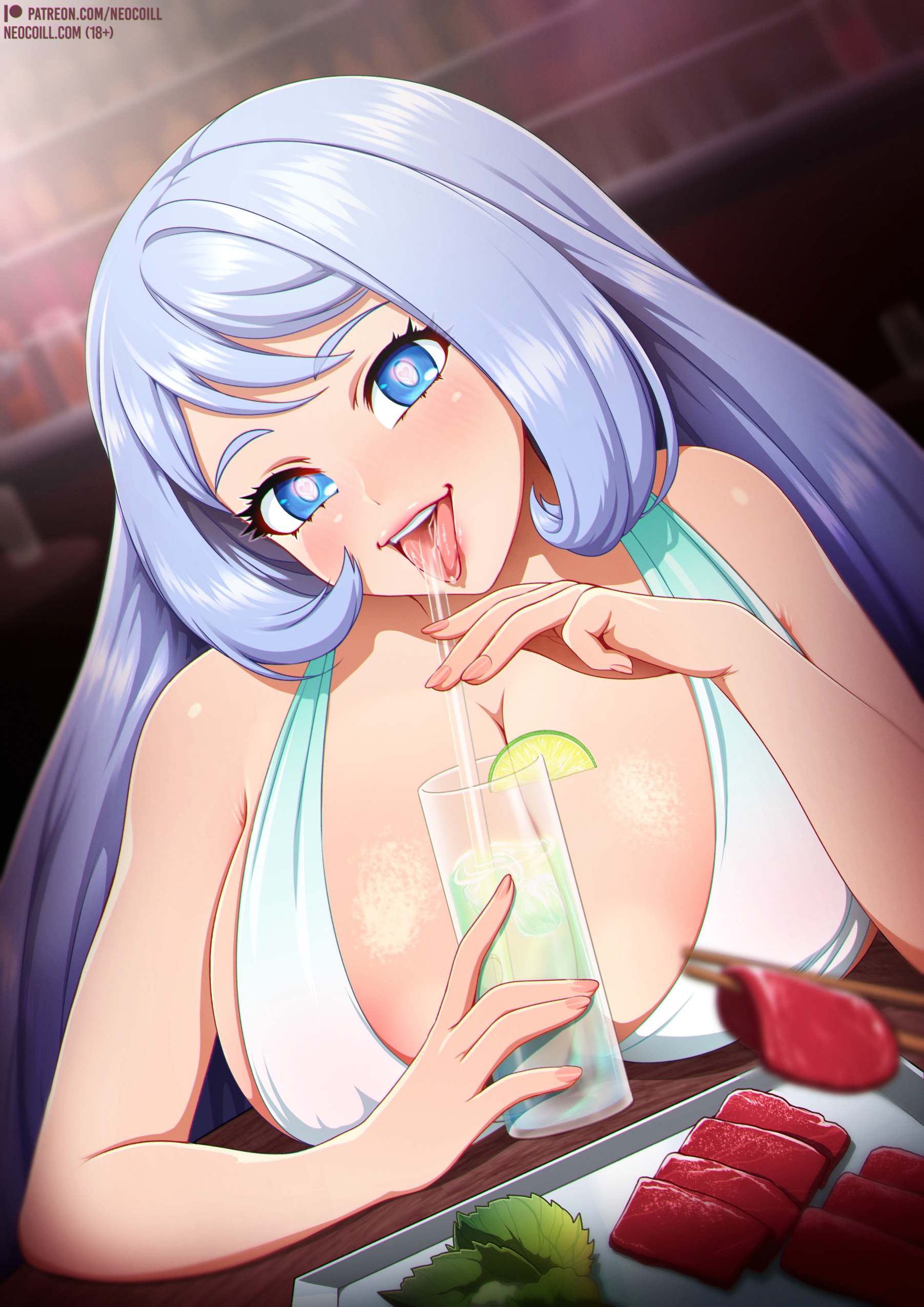 1girls, absurd res, bangs, blue eyes, blue hair, blue-haired female, blurry background, blurry foreground, breasts, chopsticks, dress, drinking, drinking glass, drinking straw, female, food, heart-shaped pupils, hi res, huge breasts, indoors, light skin, light-skinned female, long hair, looking at viewer, my hero academia, nejire hado, neocoill, official alternate costume, purple hair, sleeveless