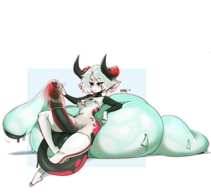 1futa, 1girls, after orgasm, areolae, balls, big balls, breasts, condom, condom balloon, condom filling, condom on penis, dragon girl, excessive cum, female, futa only, futanari, huge balls, huge cock, humanoid, humanoid penis, intersex, kanel, legwear, medium breasts, on back, original character, penis, red body, small but hung, solo, stockings, thighhighs, white body
