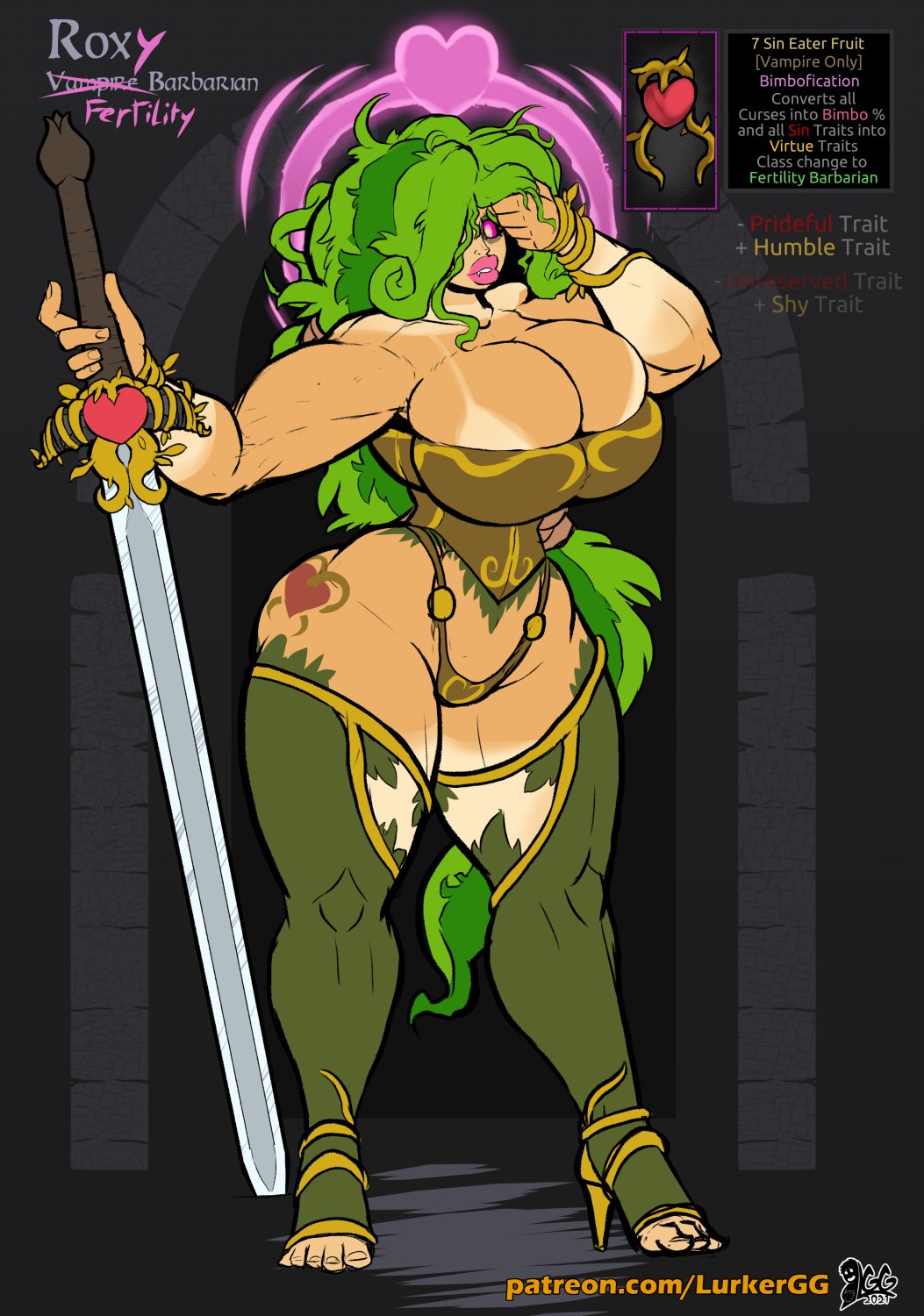 ass, big breasts, big lips, bimbo, breasts, corset, cursed item, curvaceous, darkest dungeon, english text, eyelashes, fangs, female, female only, high heels, highleg panties, huge ass, item description, lipstick, lurkergg, muscular, muscular female, one eye covered, pink lipstick, stockings, tanline, thick lips, thighhighs, voluptuous, wide hips