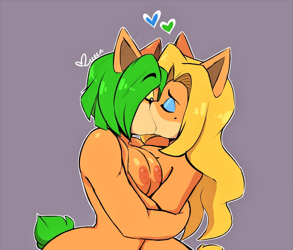 2girls ami_bandicoot anthro anthro_on_anthro areolae big_breasts blonde_hair breast_press crash_(series) curvy deep_kissing embrace female female/female female_only french_kiss furry furry_female green_hair heart hug isabella_bandicoot kissing lesbians long_hair making_out mole_under_eye naked nipples short_hair signature simple_background trophy_girls voluptuous yuri