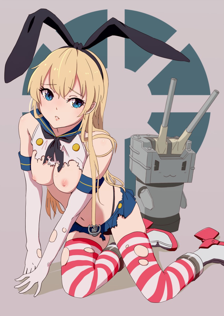 10s :3 absurdres anchor arm_support blonde_hair blue_eyes boots breasts elbow_gloves female gloves hair_ribbon hairband highres kantai_collection long_hair miniskirt navel nipples panties rensouhou-chan ribbon s_sasaki_09140 sailor_collar shimakaze_(kantai_collection) skirt socks striped striped_legwear thighhighs thong torn_clothes underwear