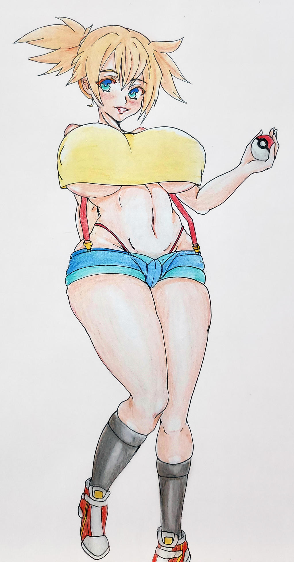 2girls alternate_breast_size breasts curvy erect_nipples female female_only gaixas1 gym_leader hyper hyper_breasts kasumi_(pokemon) misty_(pokemon) nintendo nipple_bulge nipples poke_ball pokemon wide_hips