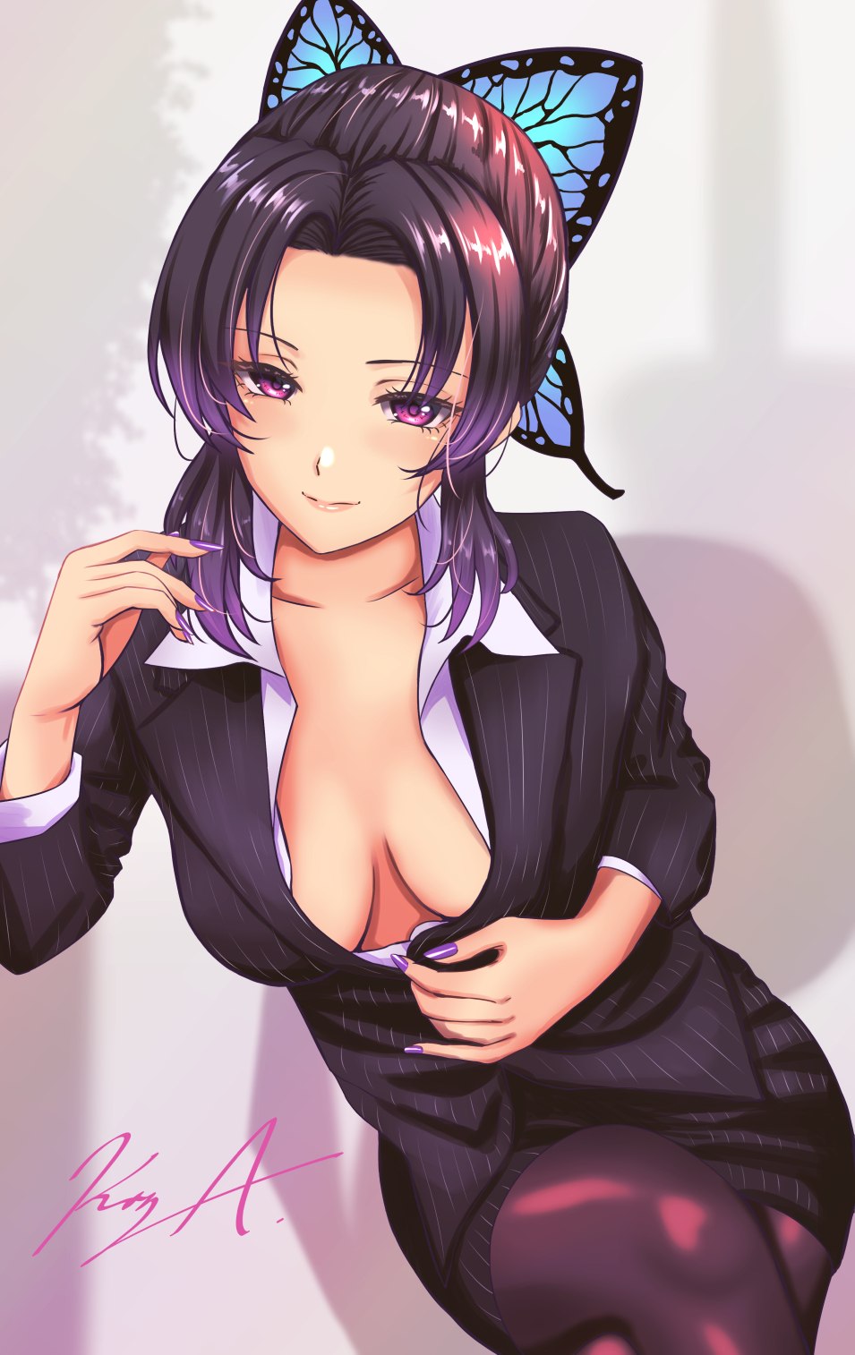 1girls, alternate costume, artist signature, blouse, breasts, breasts apart, business suit, butterfly hair ornament, cleavage, collared blouse, collared shirt, dark hair, demon slayer, eyelashes, female, female only, formal, hi res, kimetsu no yaiba, kochou shinobu, koya x 00 (artist), lipstick, looking at viewer, makeup, nail polish, office lady, open shirt, plunging neckline, purple eyes, purple hair, purple-haired female, shirt, solo, stockings, suit, unbuttoned shirt, wing collar