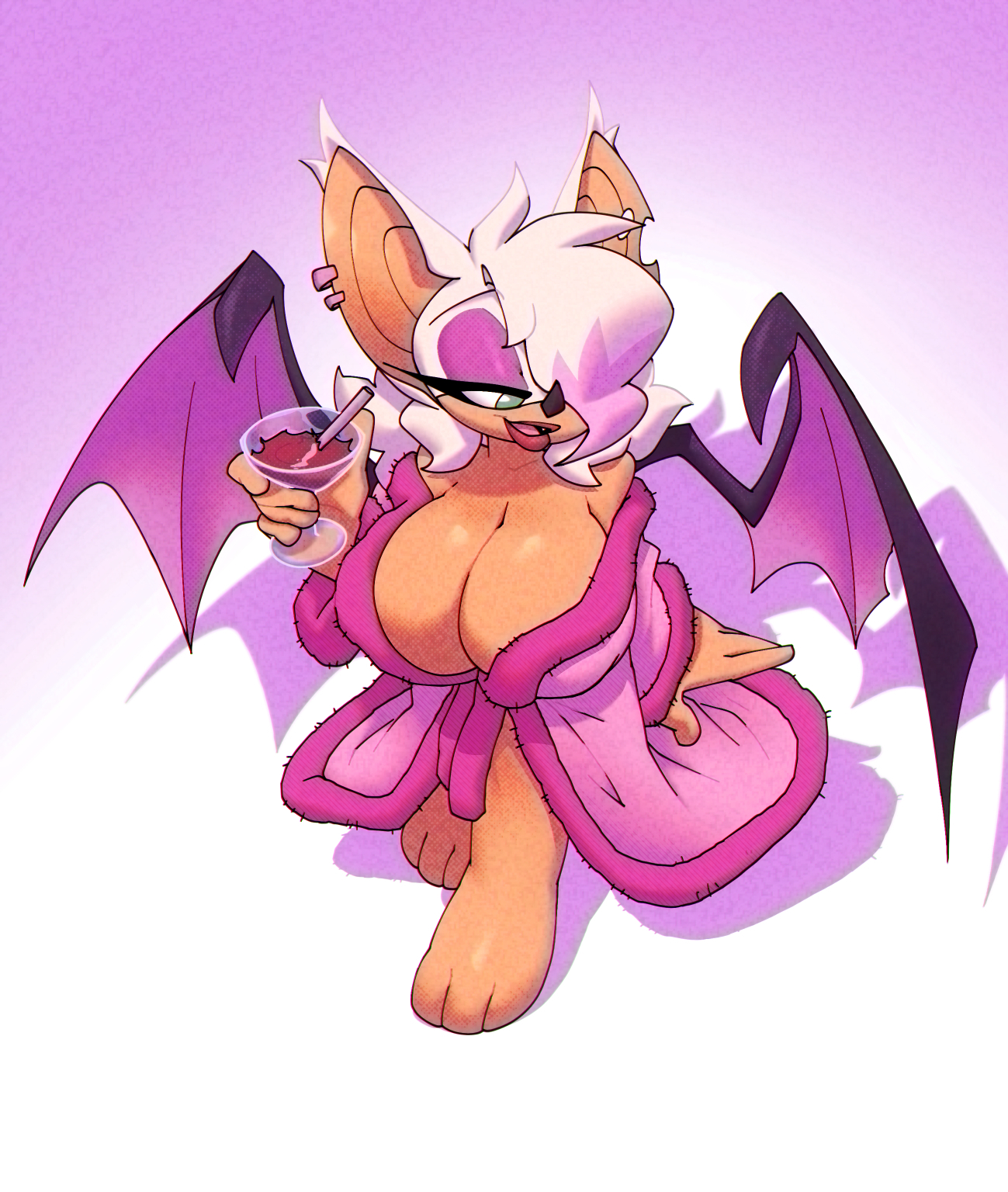 2021, 3 toes, 5 fingers, anthro, barefoot, bat, bedroom eyes, big breasts, bigdad, black nose, breasts, chiropteran, cleavage, clothed, clothing, eyeshadow, female, fingers, fur, furry, furry only, hair, hair over eye, hi res, huge breasts, large breasts, lips, makeup, mammal, narrowed eyes, one eye obstructed, red lips, robe, rouge the bat, seductive, shortstack, solo, sonic (series), straw, toes, wine glass, wings