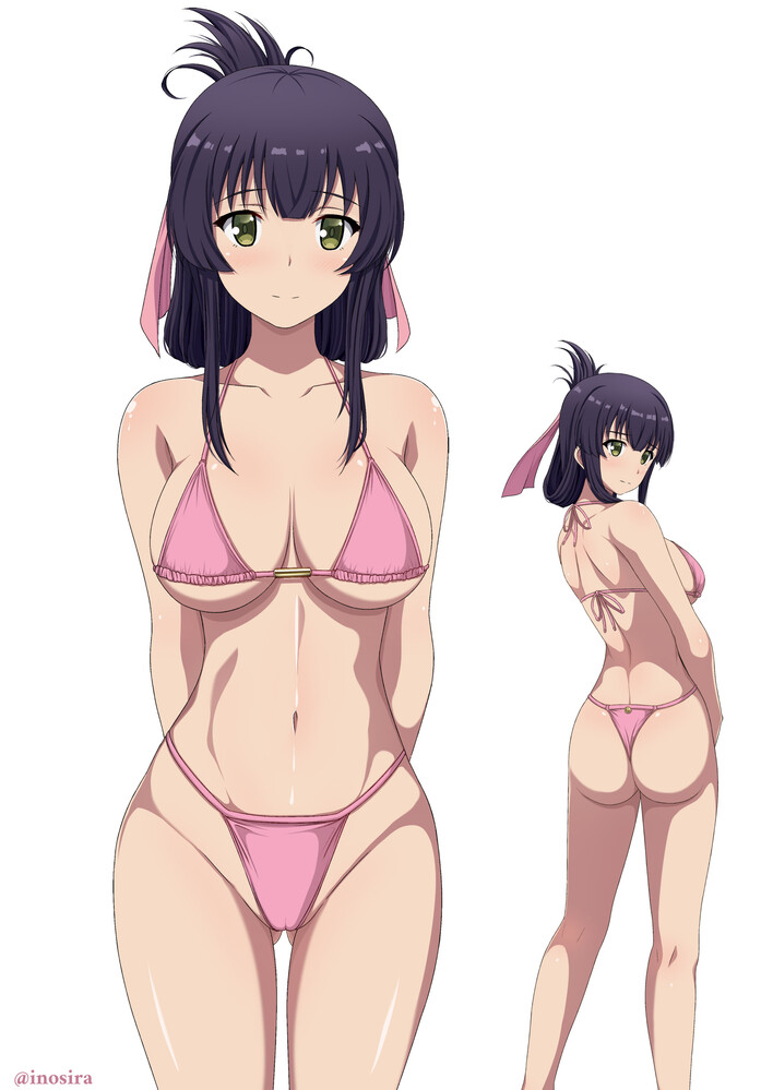 ass bikini black_hair cleavage dat_ass female from_behind green_eyes hair_ornament inoshira large_breasts long_hair looking_at_viewer sideboob skimpy_clothes smiling swimsuit thong_bikini toji_no_miko yanase_mai