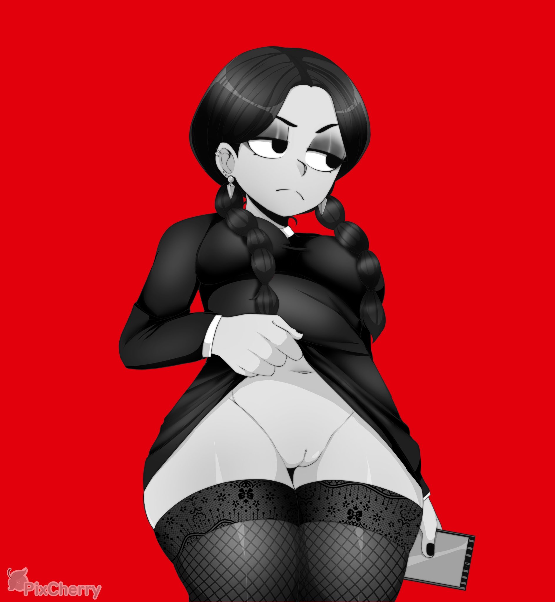 1girls, cherrypix, female, lifted skirt, pussy, the addams family, wednesday addams, wide hips