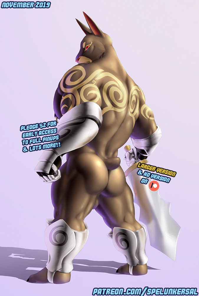 2019 advertisement anthro armor ass backsack balls biceps canid canine darknut digital_media_(artwork) fur genitals holding_object holding_sword holding_weapon looking_back male mammal markings_(fur) melee_weapon mostly_nude muscular muscular_anthro muscular_male nintendo nipples patreon pecs red_eyes simple_background solo spelunker_sal standing sword text the_legend_of_zelda video_games weapon wind_waker