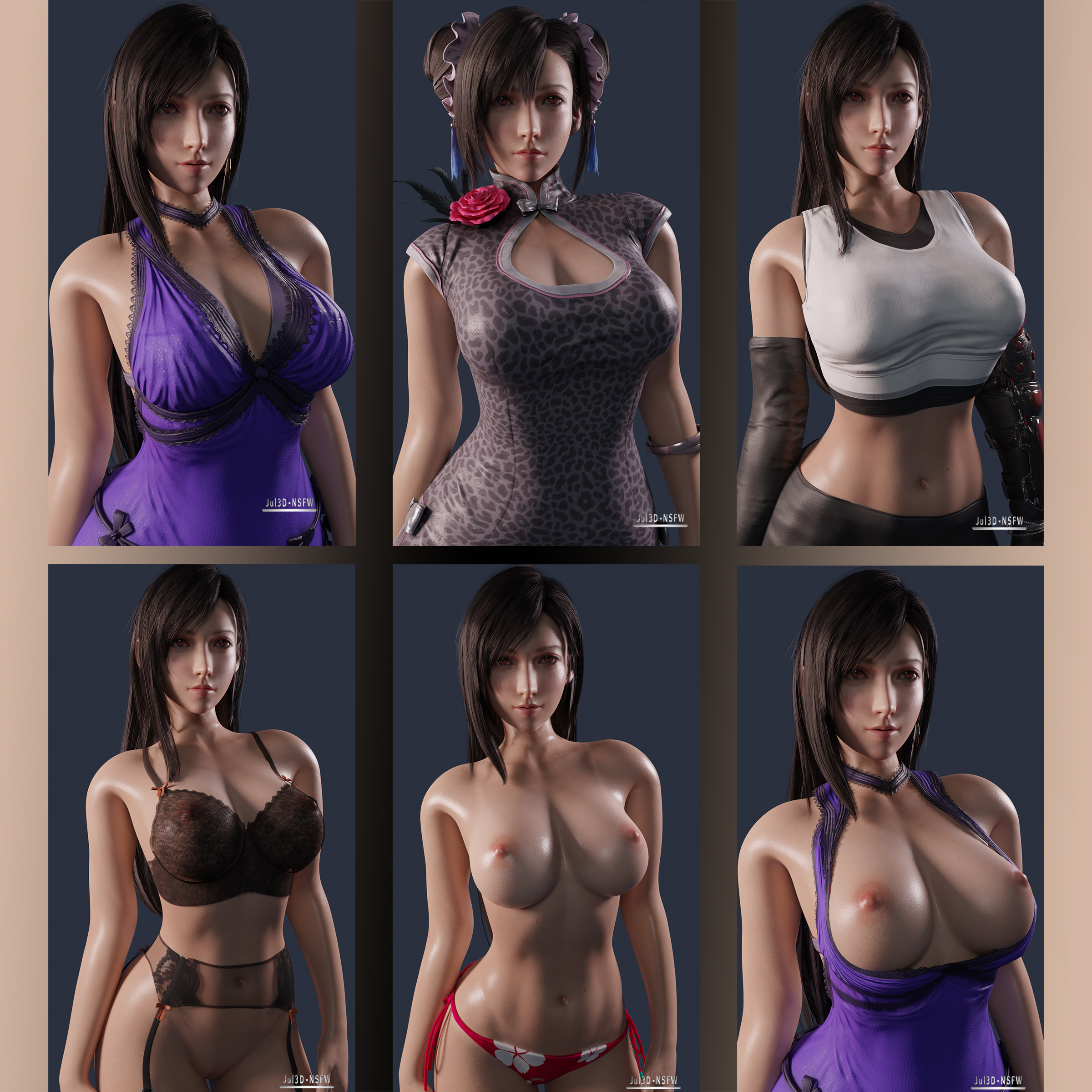 1girls, 3d, 3d (artwork), blender, breasts, brown hair, dress, female, final fantasy, final fantasy vii, jul3dnsfw, makeup, naked, nipples, nude, red eyes, solo, solo female, tifa lockhart, tifa lockhart (cosplay), tifa lockhart (refined dress), tifa lockhart (sporty dress), tifa lockhart's refined dress