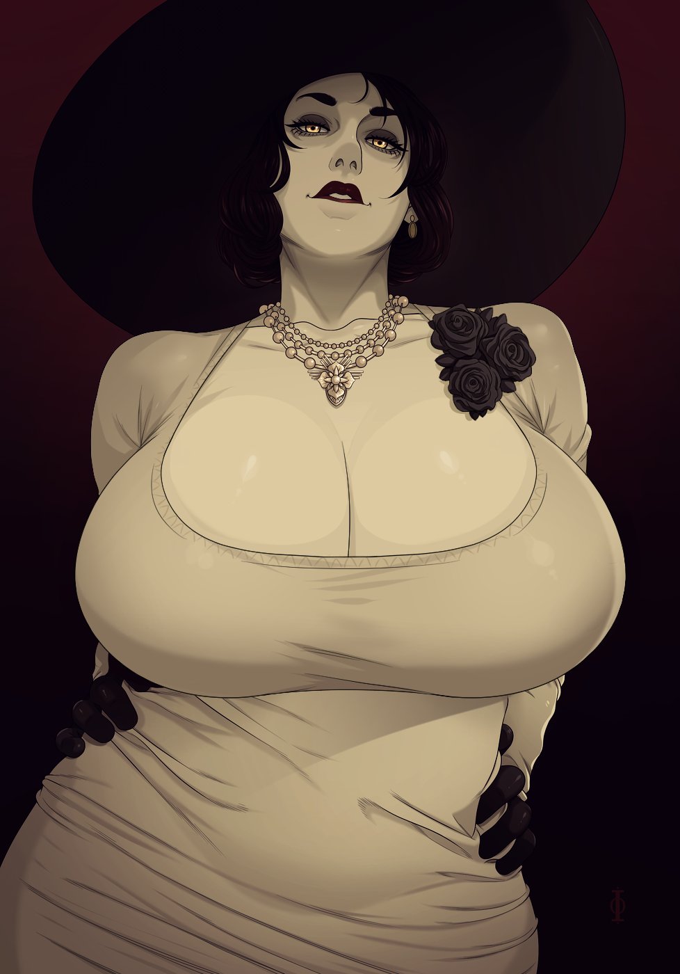 1girls, alcina dimitrescu, big breasts, biting lip, breasts, cleavage, close-up, deep cleavage, dress, eyeshadow, female, female only, hips, huge breasts, light skin, light-skinned female, lips, lipstick, looking at viewer, lunasanguinis, milf, narrowed eyes, pale skin, pale-skinned female, perky breasts, pinup, red lipstick, resident evil, resident evil 8: village, solo, solo female, tight clothing, vampire, yellow eyes