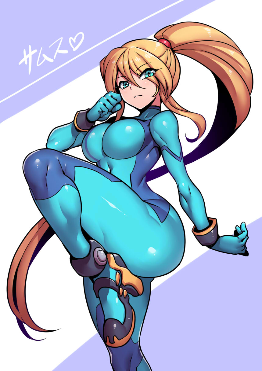 big breasts, blonde hair, breasts, clothed, female, footwear, high heels, human, looking at viewer, metroid, nintendo, pale skin, ponytail, samus aran, solo, solo female, tagme, thick, thick thighs, tight clothing, tsuki wani, tsukiwani, tukiwani, wristwear, zero suit, zero suit samus