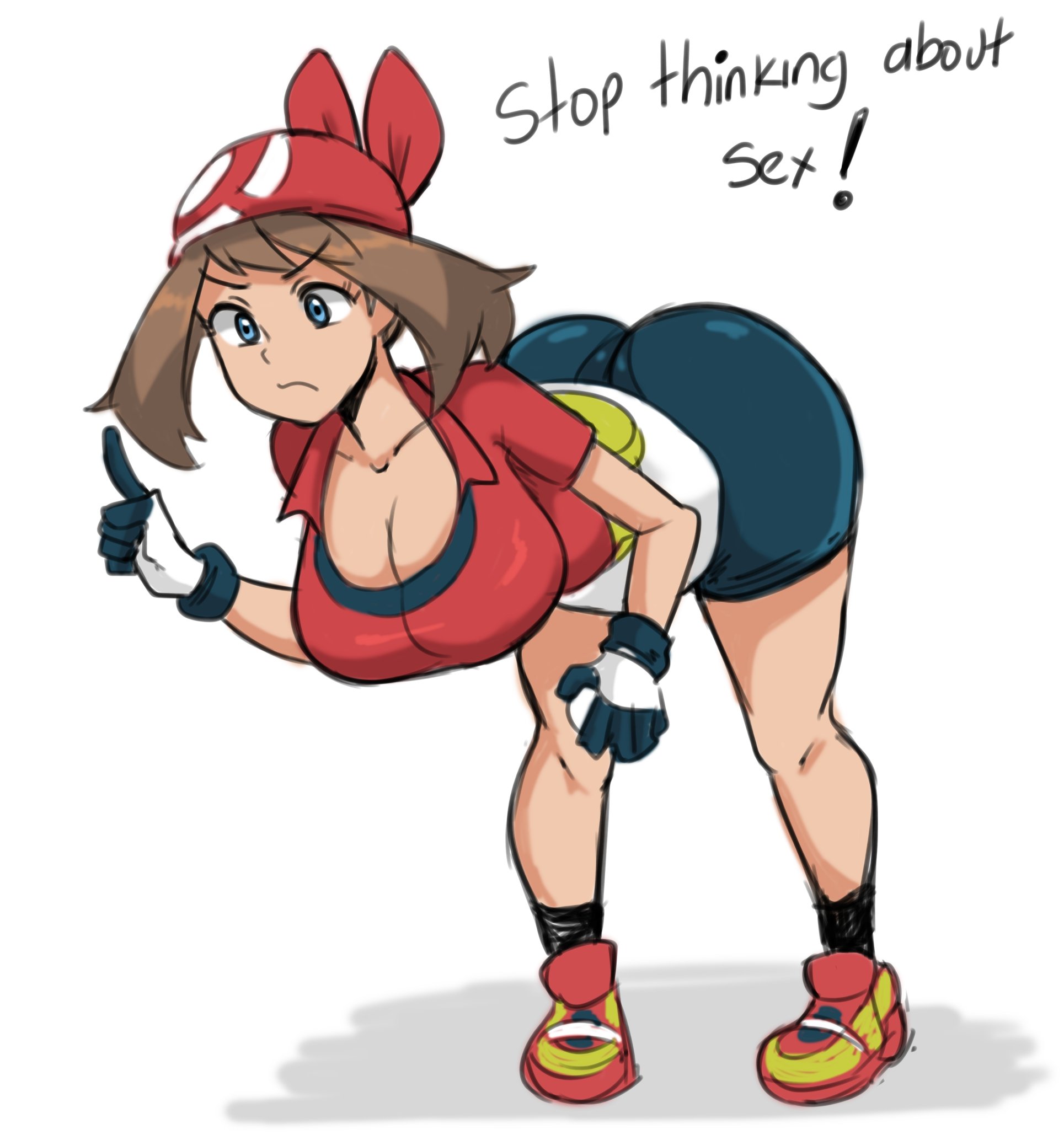1girls, alternate breast size, ass, bandana, bending over, big ass, big breasts, bike shorts, blue eyes, breasts, brown hair, female, gloves, huge ass, huge breasts, human, may (pokemon), meme, nintendo, pokemon, pokemon rse, reach025, red bandana, shorts, solo, spats, stop thinking about sex, text, thick thighs