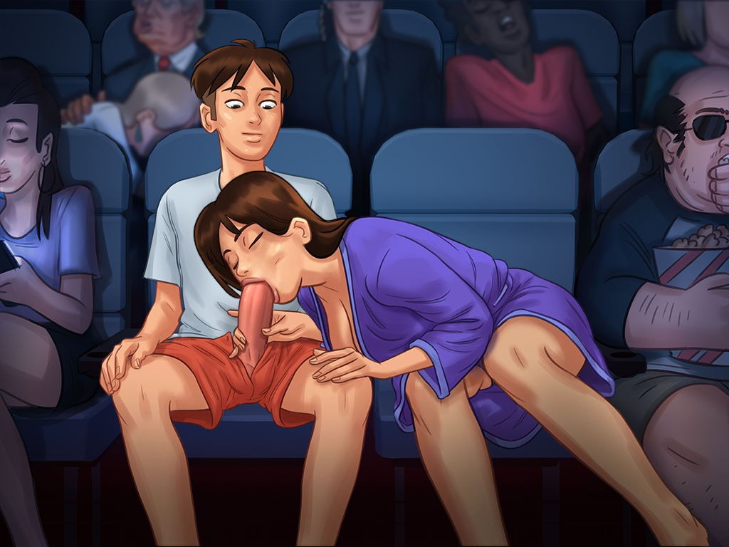 1boy, 1girls, blowjob, cinema, coat, debbie (summertime saga), female, incest, main character (summertime saga), male, mother and son, movie theater, oral, panties, public, public sex, summertime saga