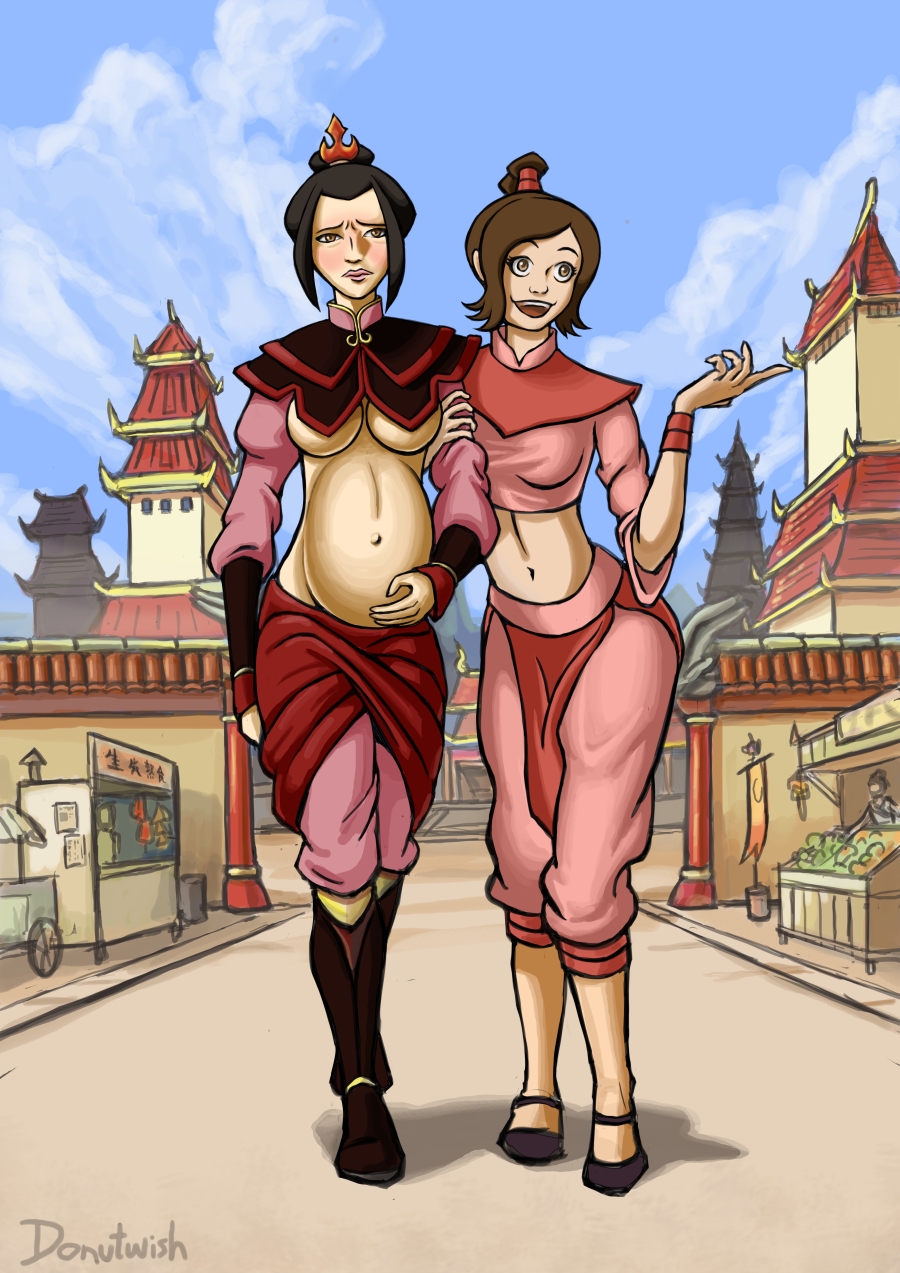 2girls, avatar the last airbender, azula, belly, big belly, breasts, chubby, chubby female, clothing, donutwish, exposed breasts, female, female focus, female only, fire nation, flats, ineffective clothing, large breasts, mary janes, nickelodeon, pregnant, ty lee, underboob